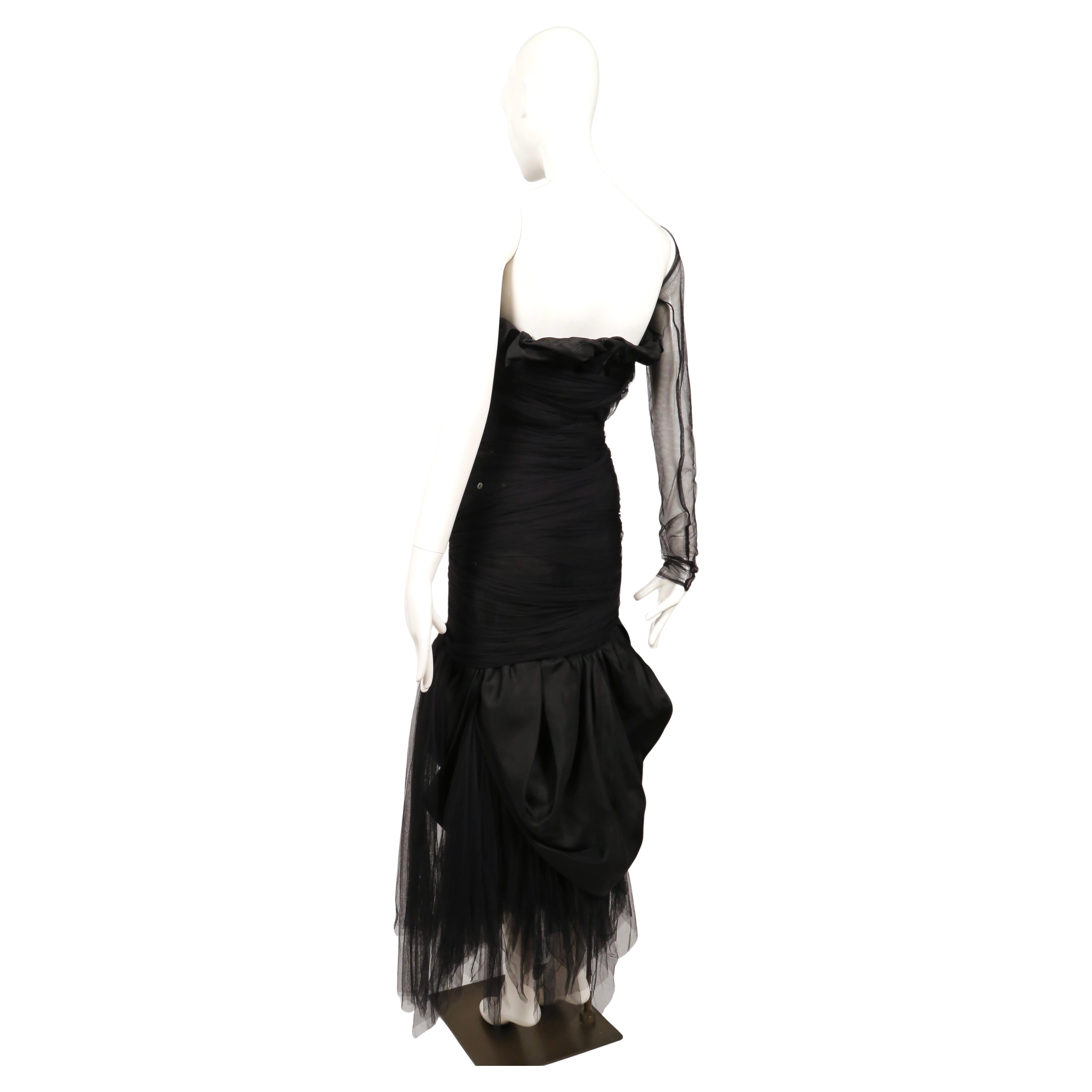 1988 Romeo Gigli black tulle gown with asymmetrical shoulder For Sale 1