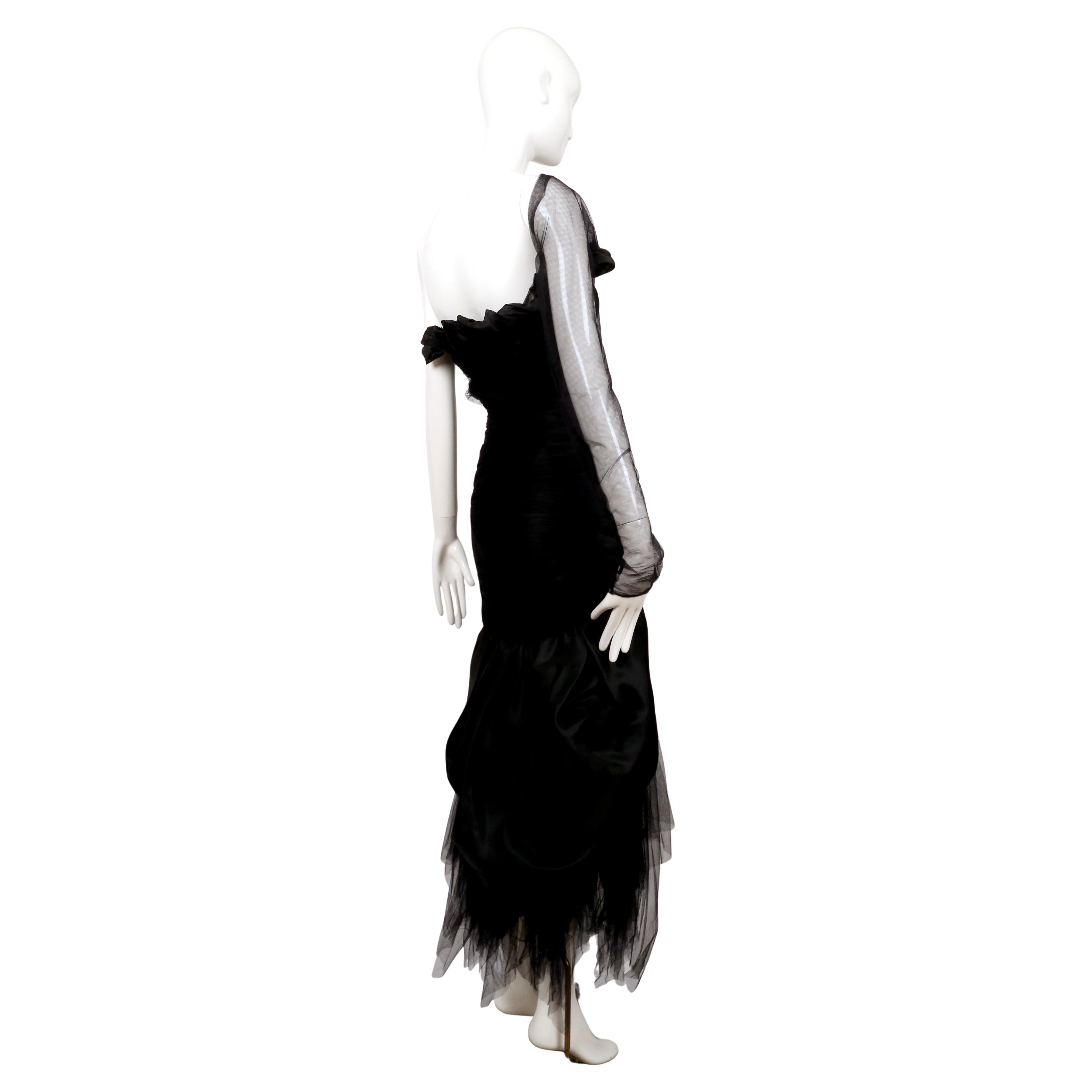 1988 Romeo Gigli black tulle gown with asymmetrical shoulder For Sale 3