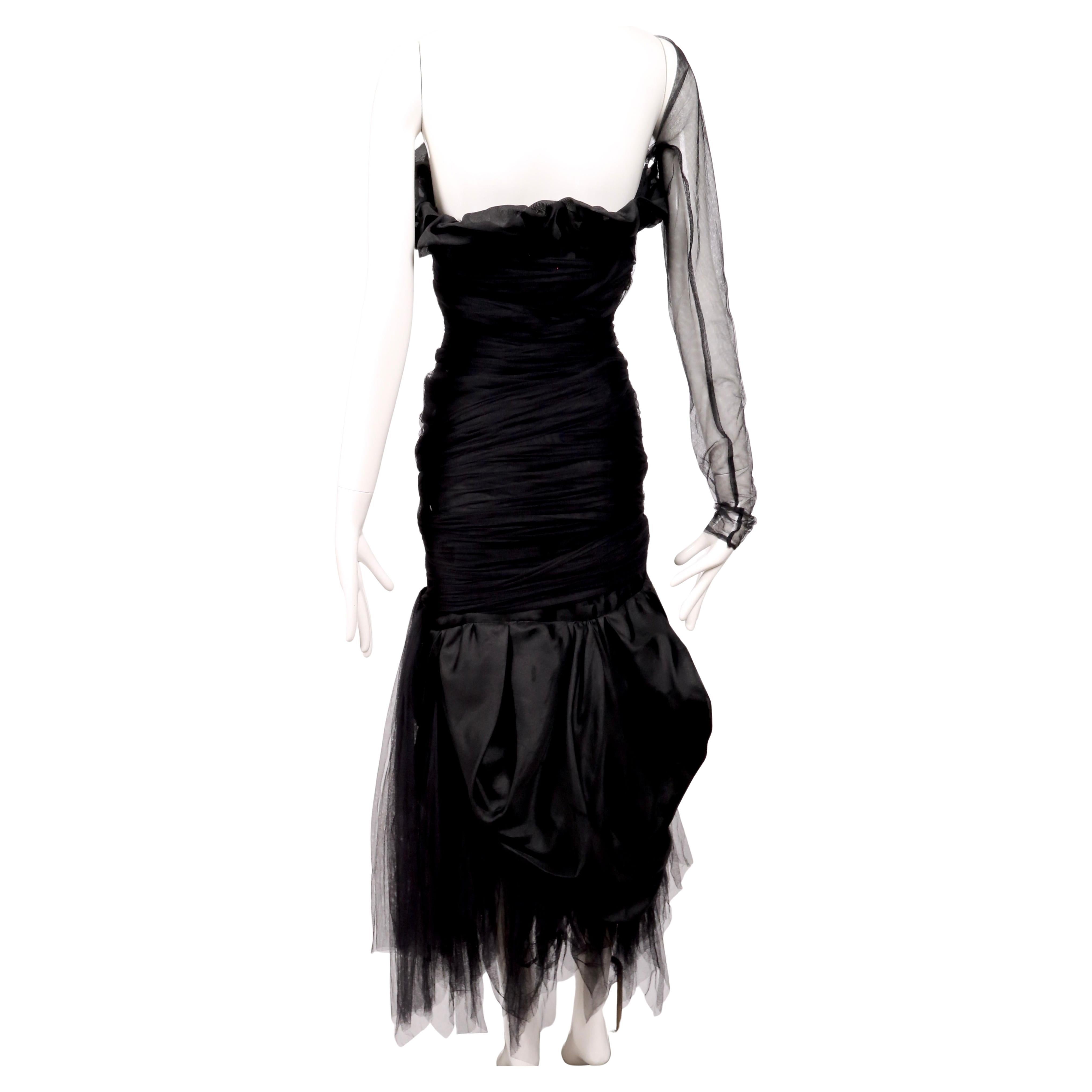 1988 Romeo Gigli black tulle gown with asymmetrical shoulder For Sale 4
