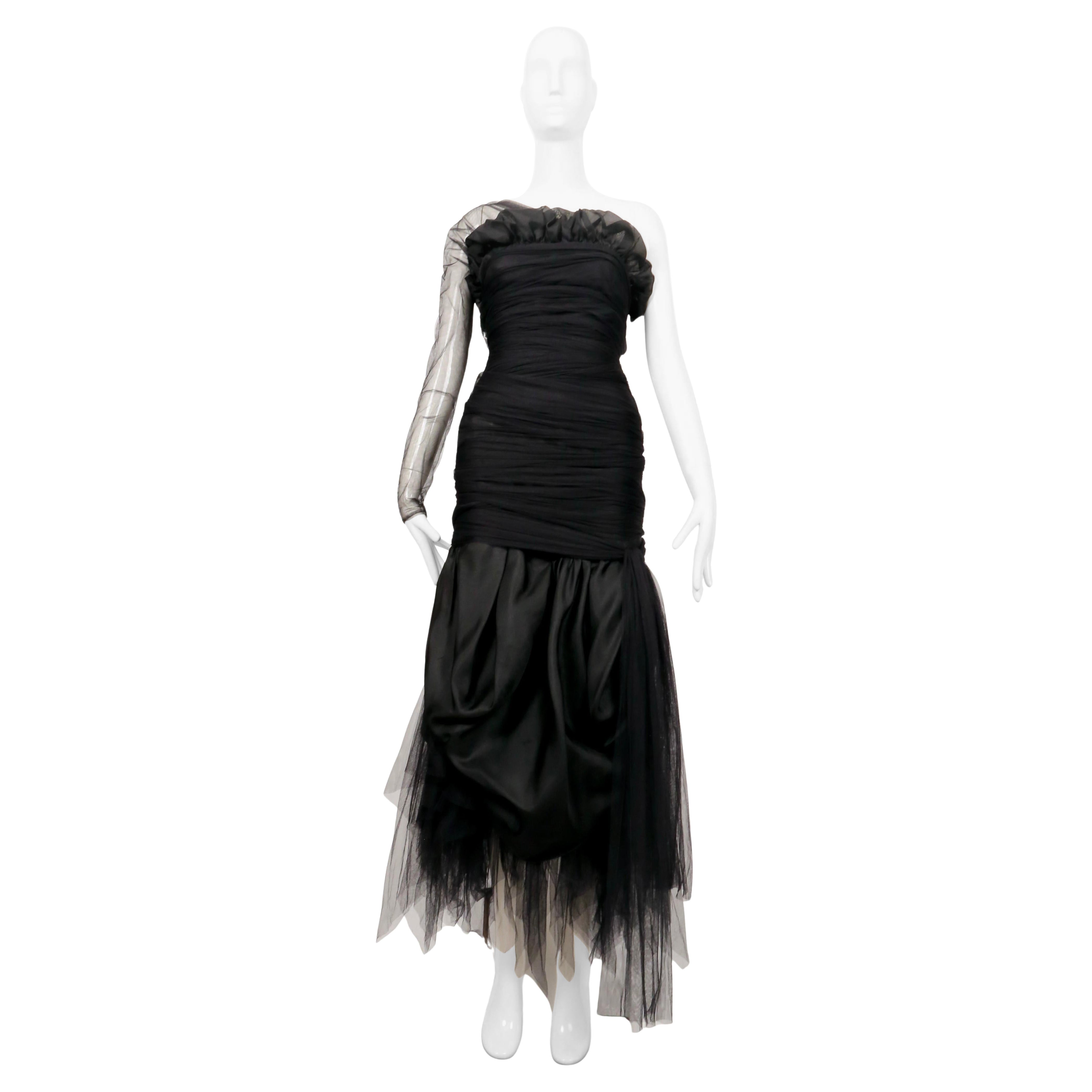 1988 Romeo Gigli black tulle gown with asymmetrical shoulder