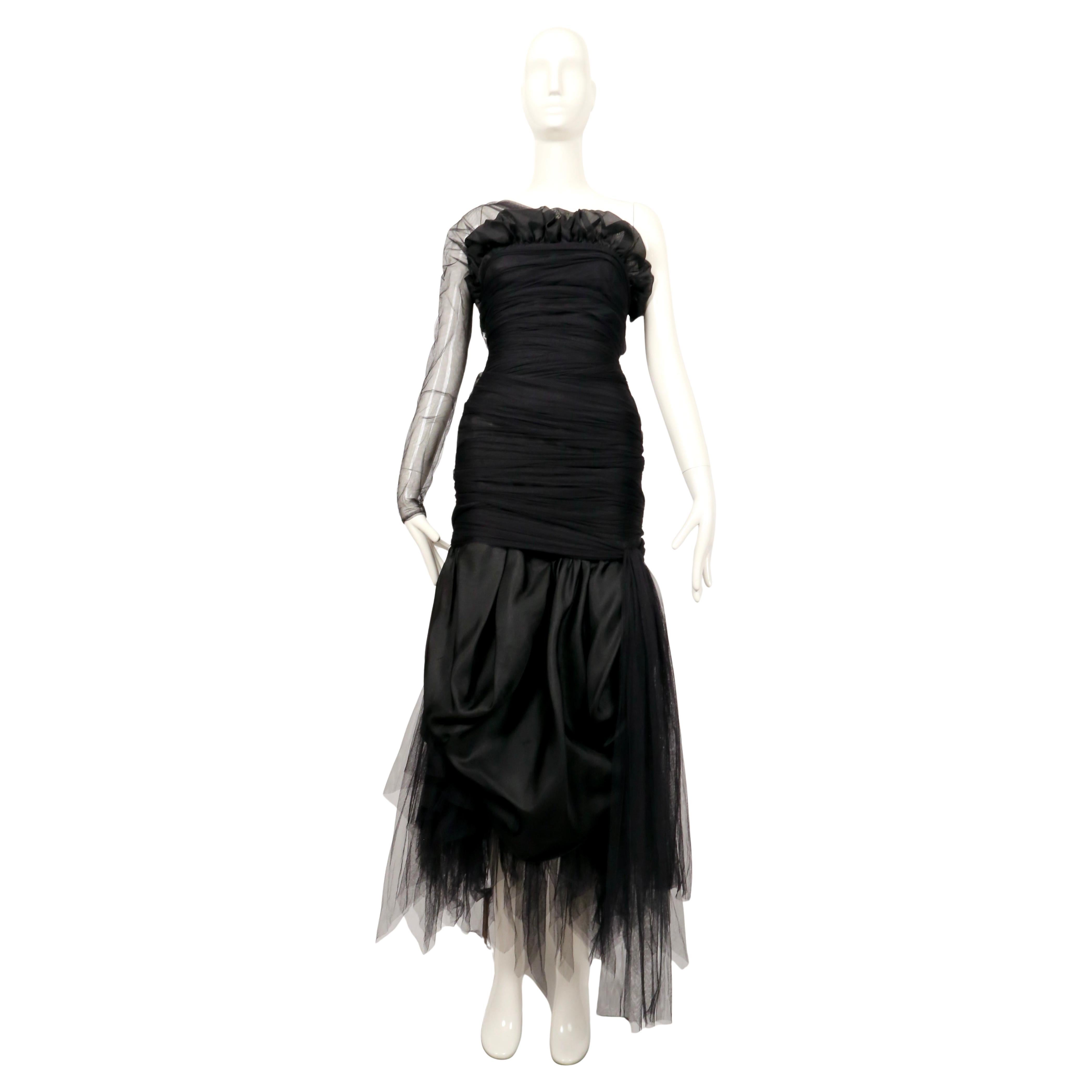 1988 Romeo Gigli black tulle gown with asymmetrical shoulder For Sale