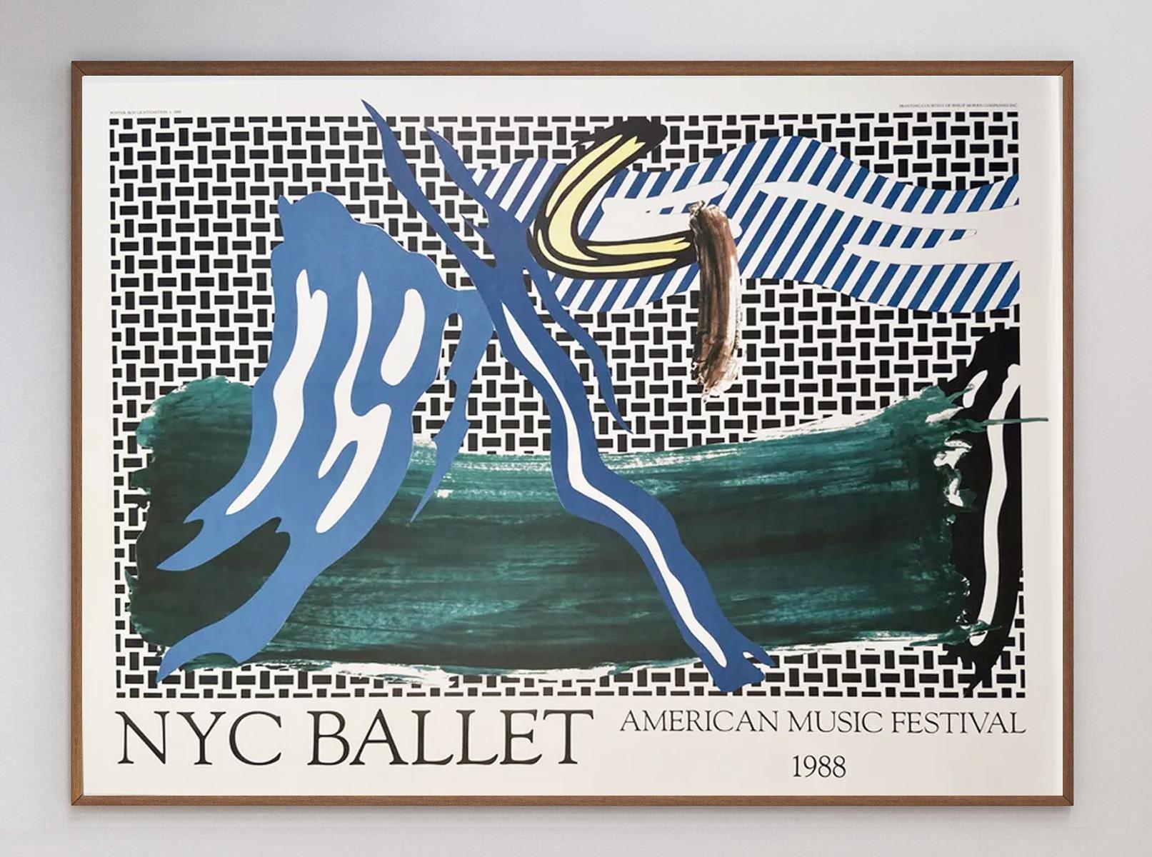 Dieses atemberaubende, seltene Design wurde 1988 für das American Music Festival anlässlich des 40-jährigen Bestehens des New York City Ballet entworfen. Mit seinen typisch kräftigen Farben und dicken Linien ist es ein hervorragendes Stück Pop-Art-
