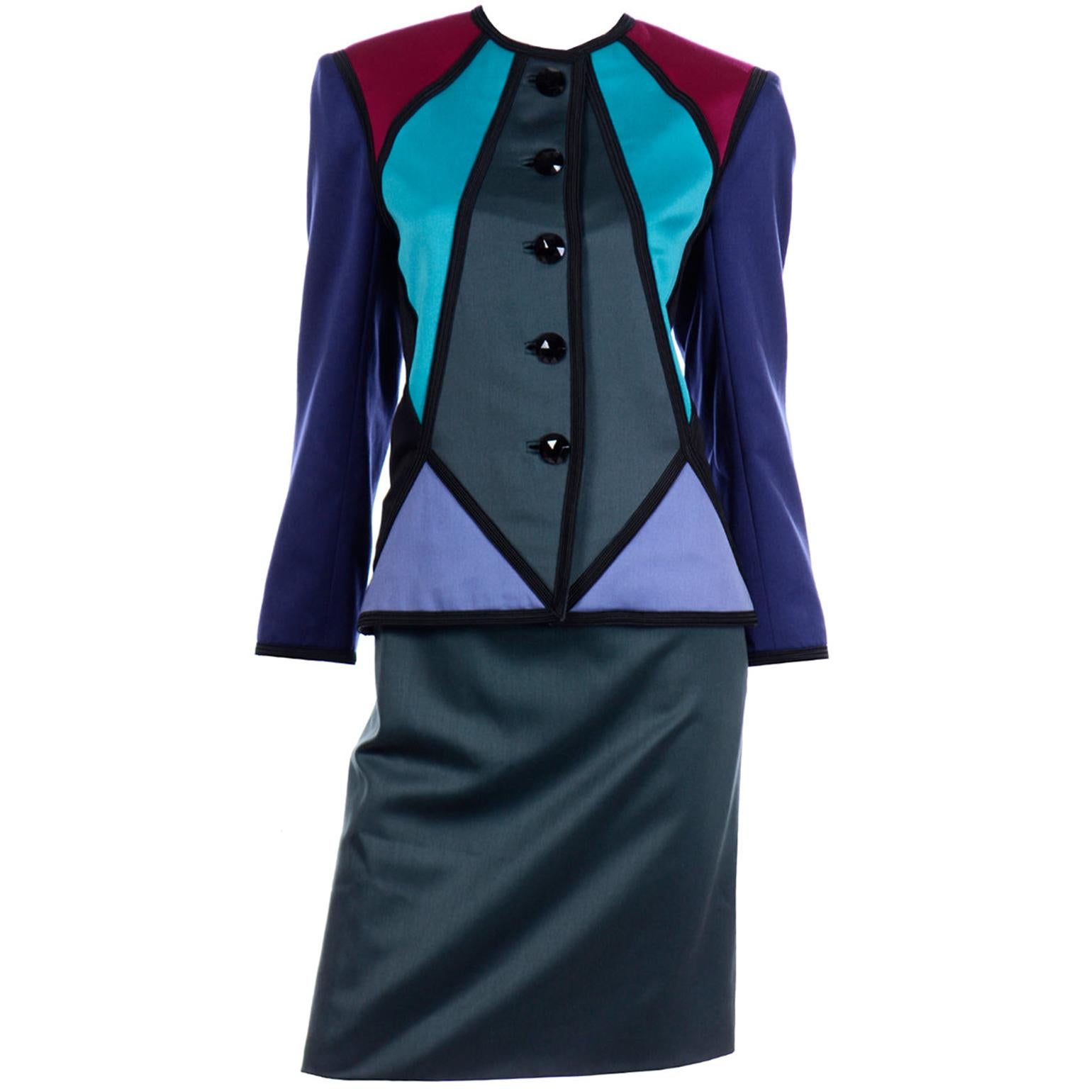 1988 Runway Yves Saint Laurent Geometric Color Block Suit w Jacket & 2 Skirts For Sale 12