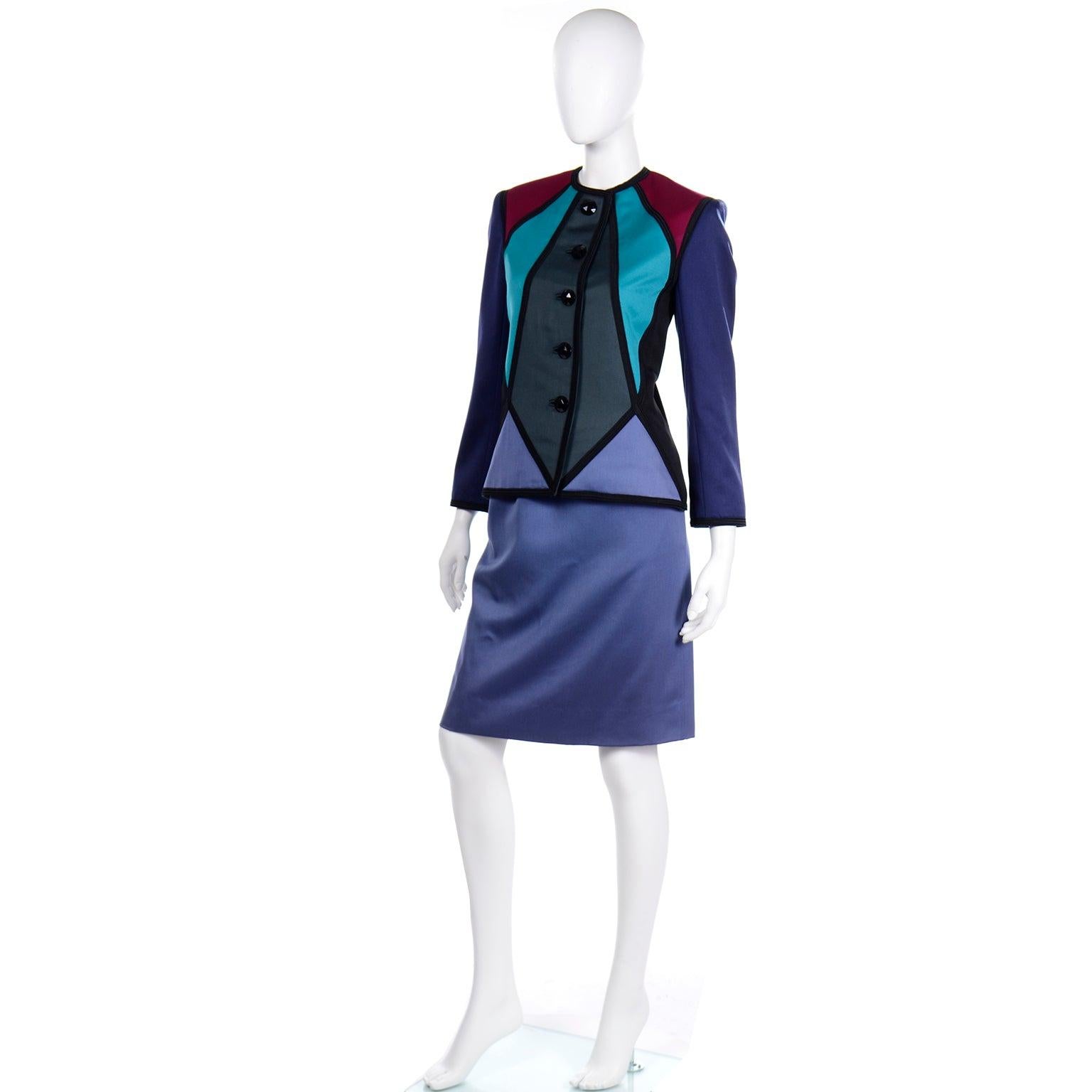 Costume de défilé Yves Saint Laurent à blocs de couleurs géométriques avec veste et 2 jupes, 1988 en vente 6