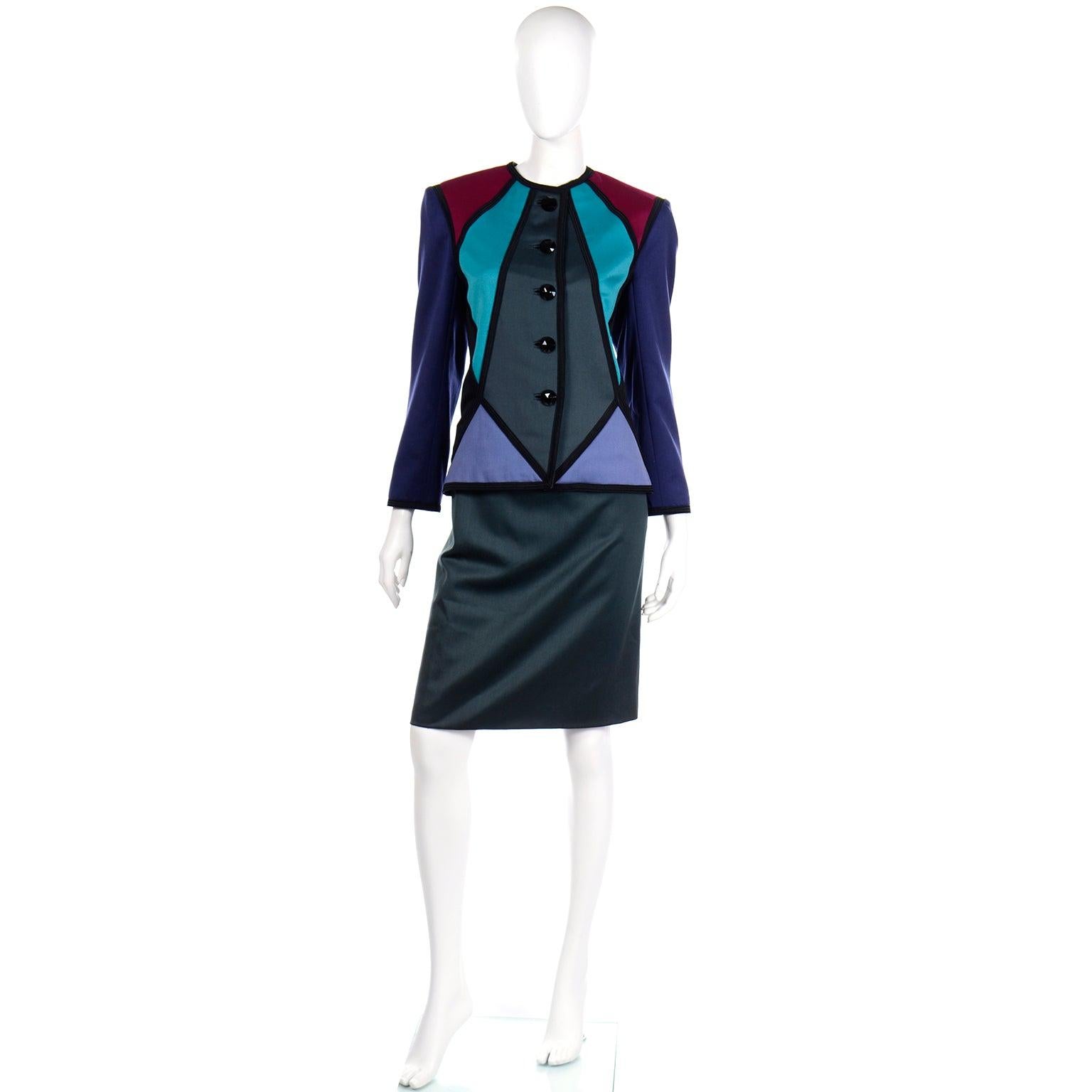 Purple 1988 Runway Yves Saint Laurent Geometric Color Block Suit w Jacket & 2 Skirts