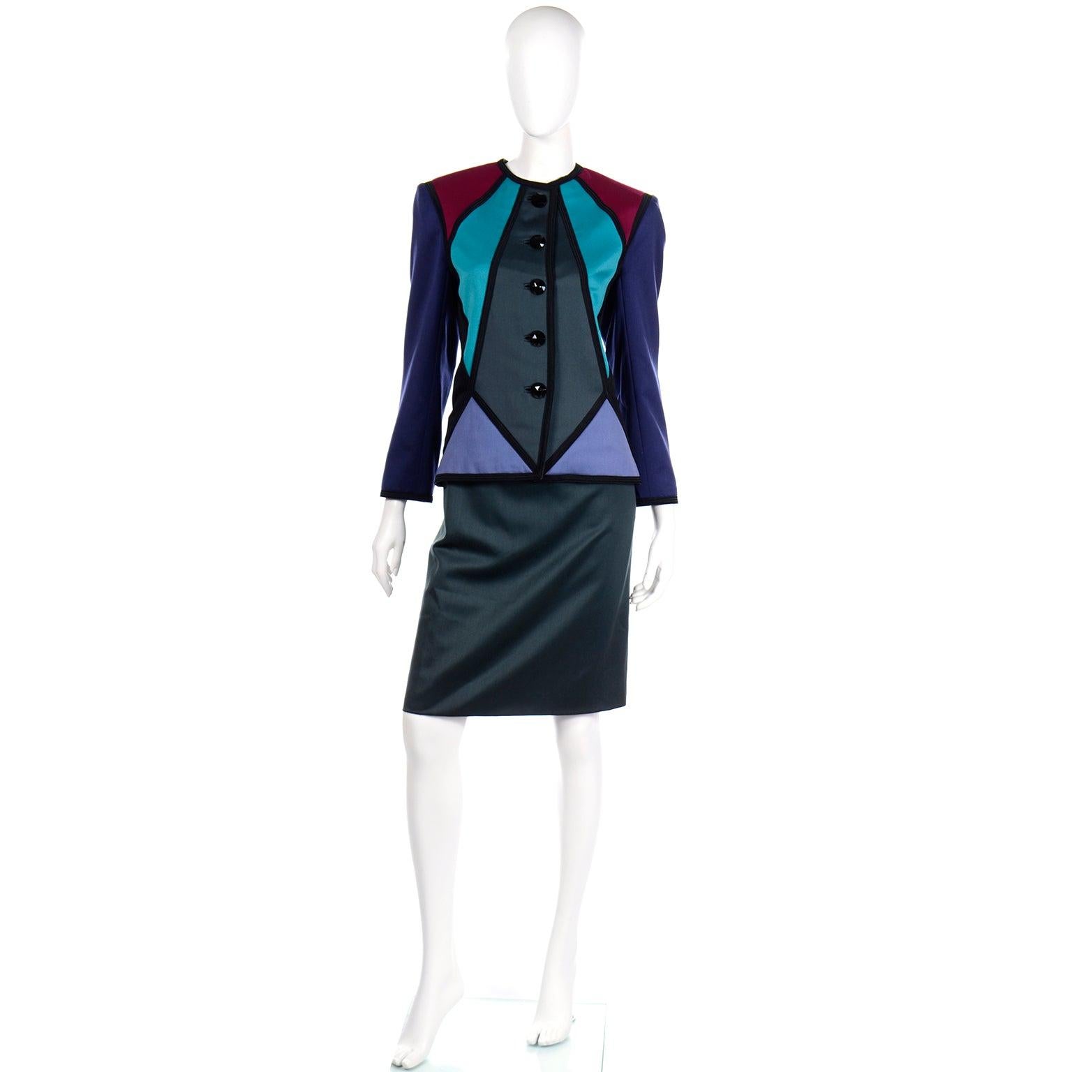 1988 Runway Yves Saint Laurent Geometric Color Block Suit w Jacket & 2 Skirts In Excellent Condition For Sale In Portland, OR