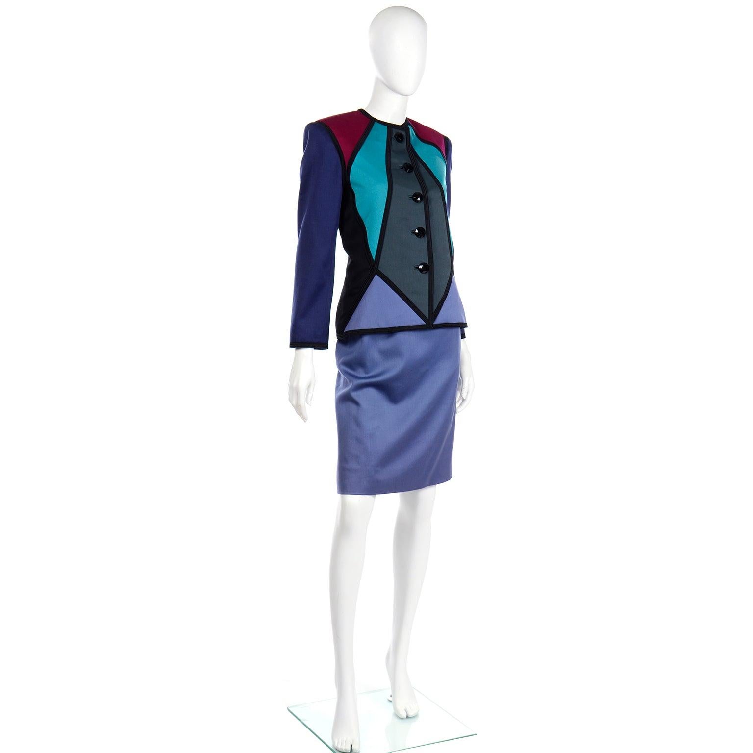 1988 Runway Yves Saint Laurent Geometric Color Block Suit w Jacket & 2 Skirts For Sale 2