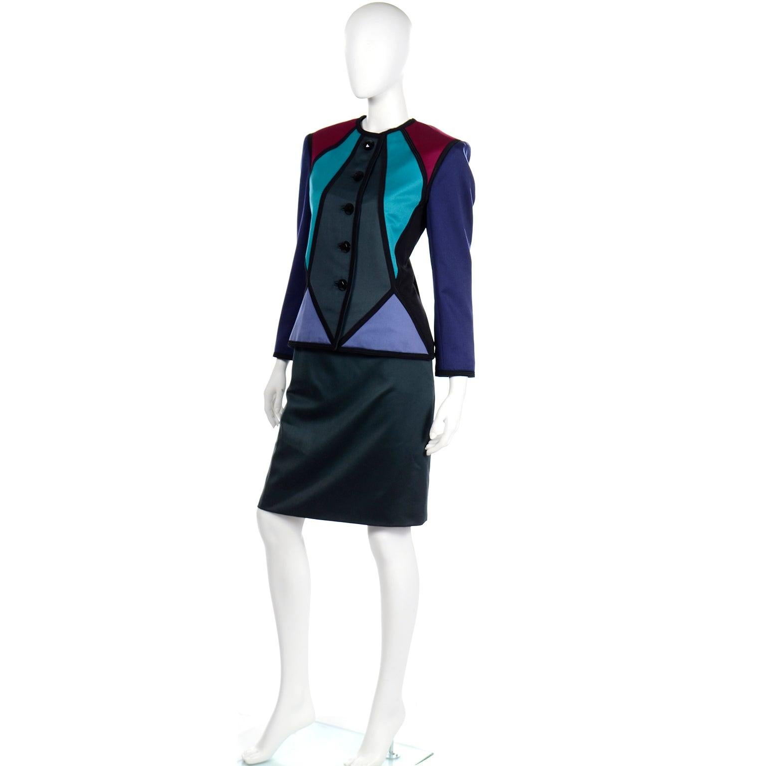 Costume de défilé Yves Saint Laurent à blocs de couleurs géométriques avec veste et 2 jupes, 1988 en vente 5