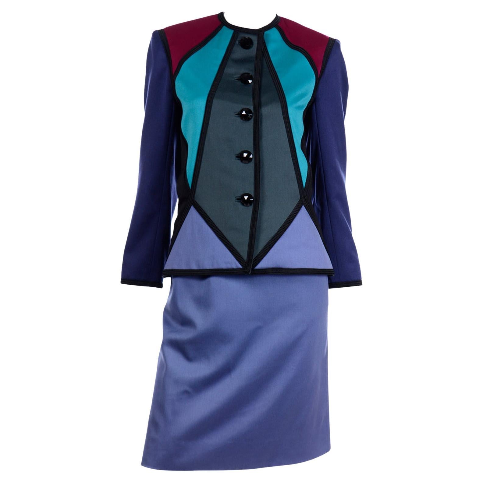 1988 Runway Yves Saint Laurent Geometric Color Block Suit w Jacket & 2 Skirts For Sale