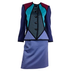 Costume de défilé Yves Saint Laurent à blocs de couleurs géométriques avec veste et 2 jupes, 1988