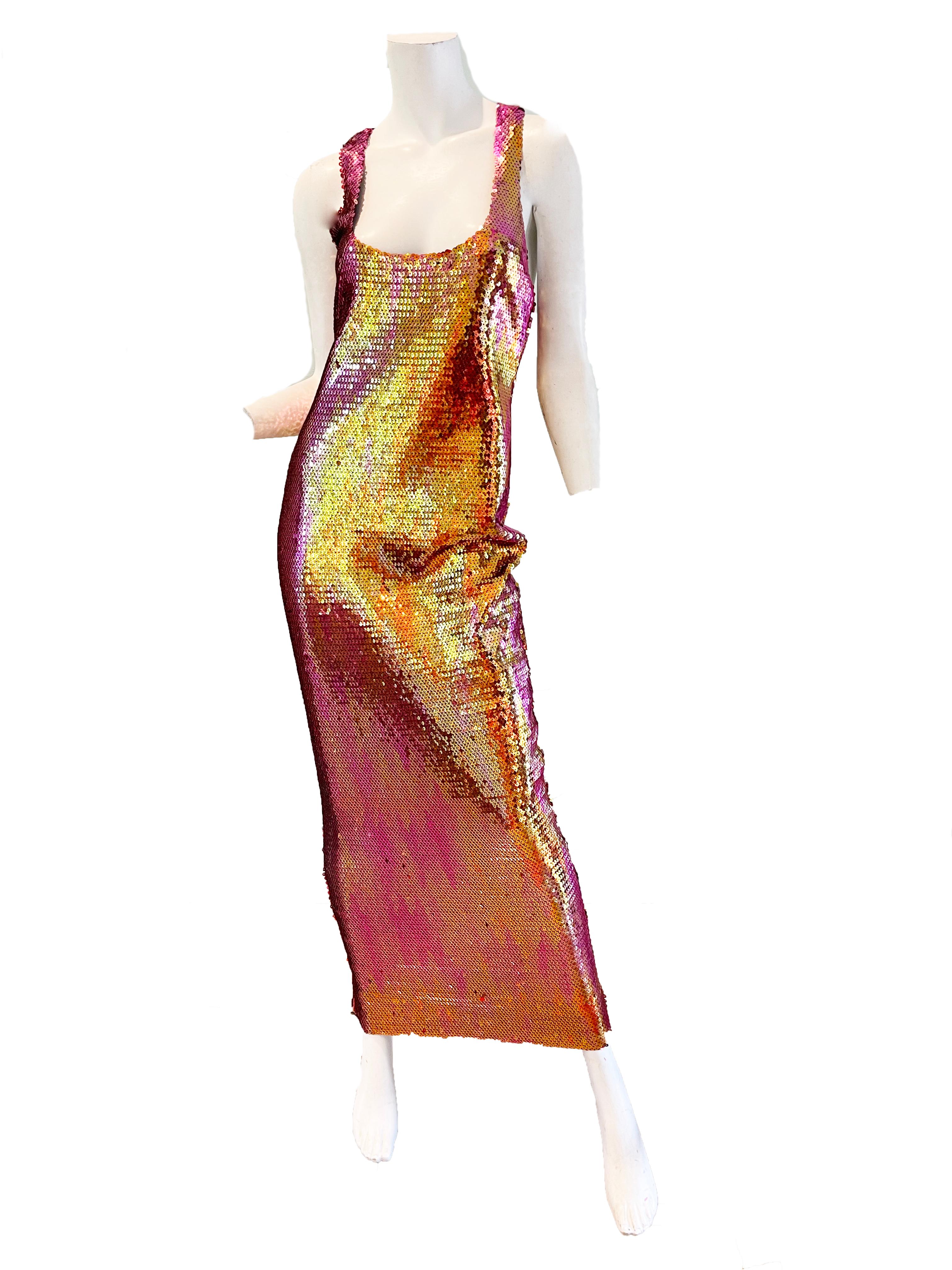1988 Stephen Sprouse sequin gown with off center racing back. Has stretch. 
Orange, pink and yellow color 
Condition: Excellent
Size 6 