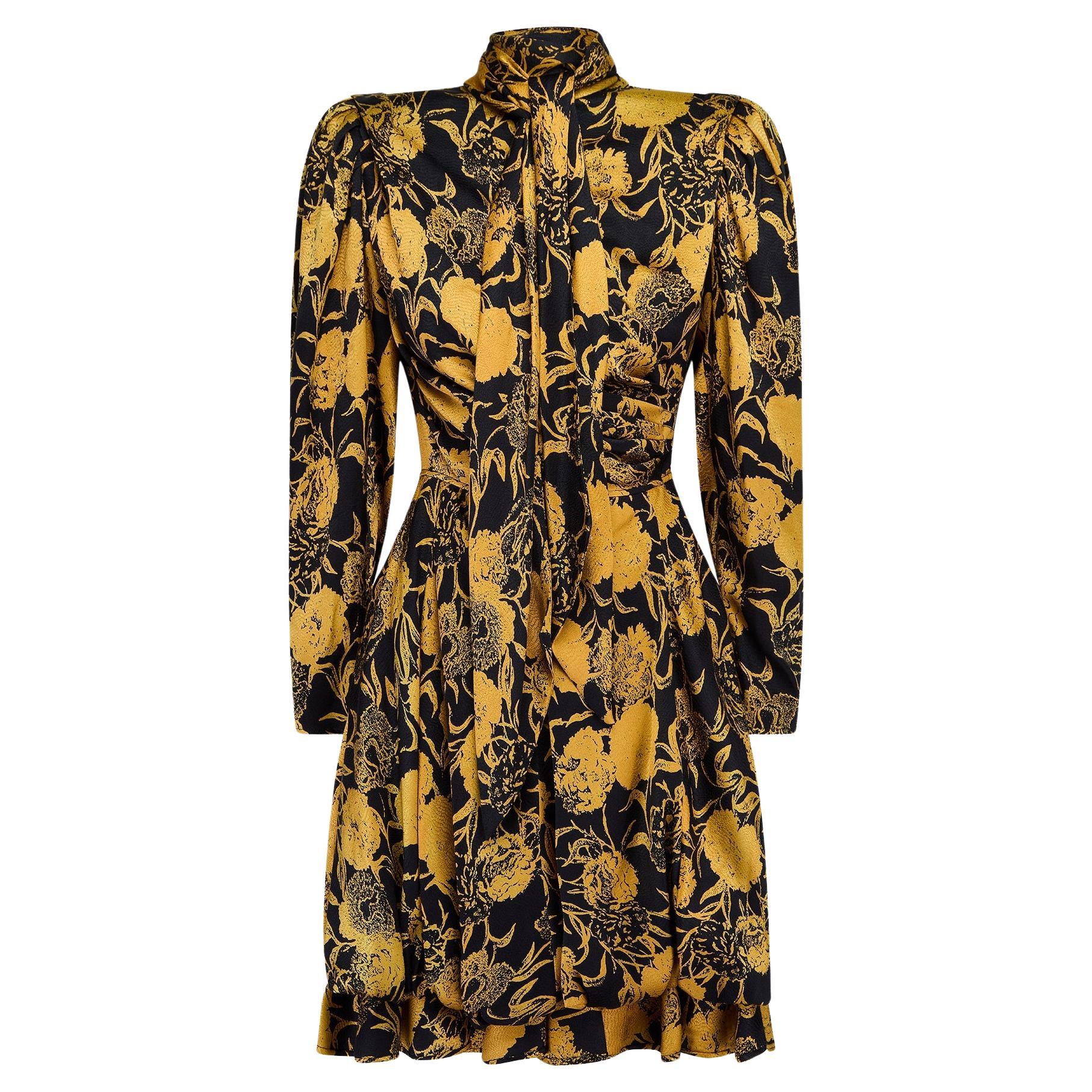 1988 Ungaro Documented Silk Gold and Black Floral Dress For Sale