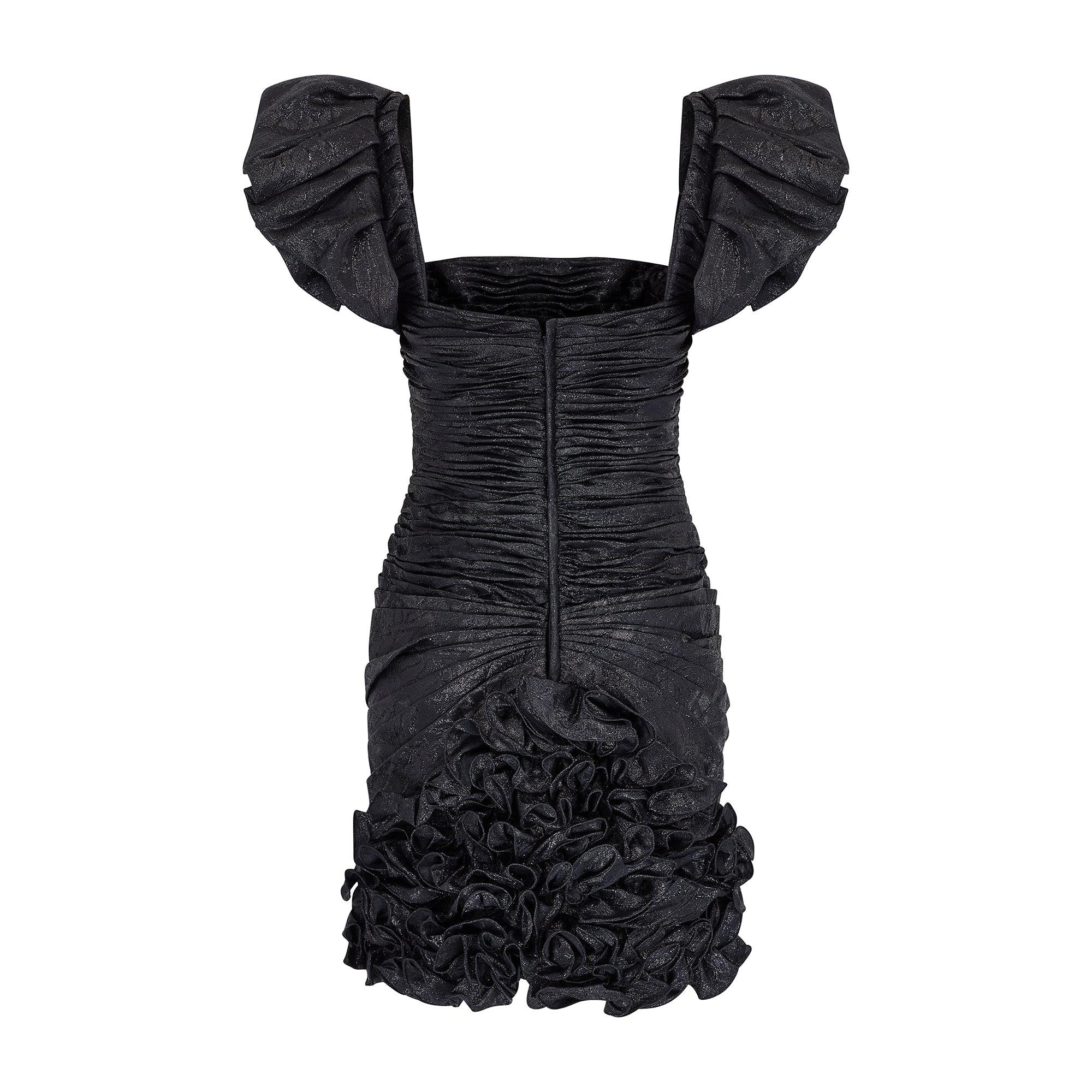 1988 Ungaro Runway Documented Metallic Black Bustle Dress In Excellent Condition For Sale In London, GB