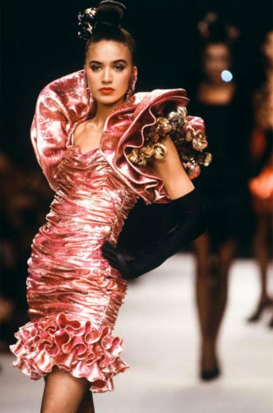 1988 Ungaro Runway Documented Metallic Black Bustle Dress For Sale 2