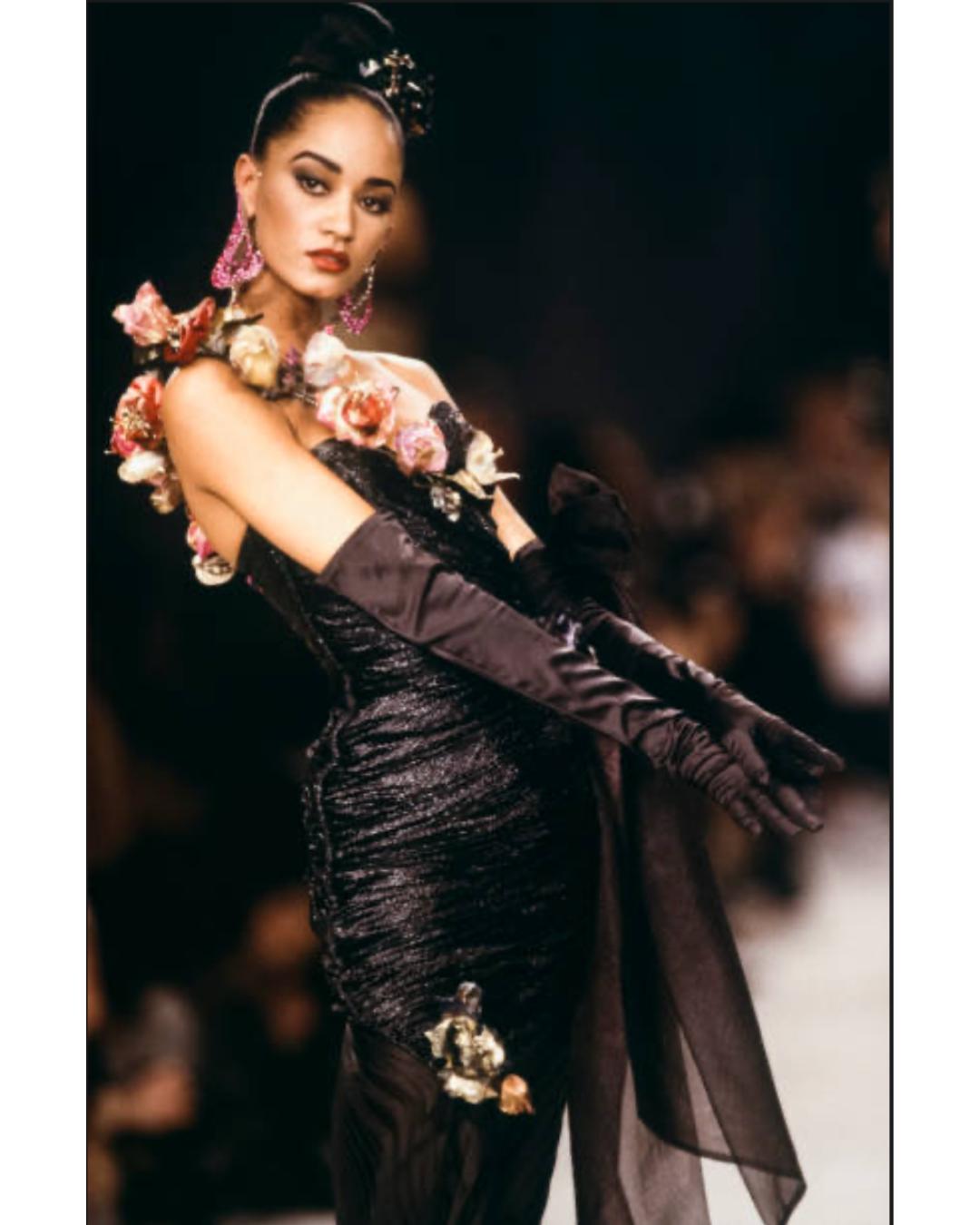 1988 Ungaro Runway Documented Metallic Black Bustle Dress For Sale 3