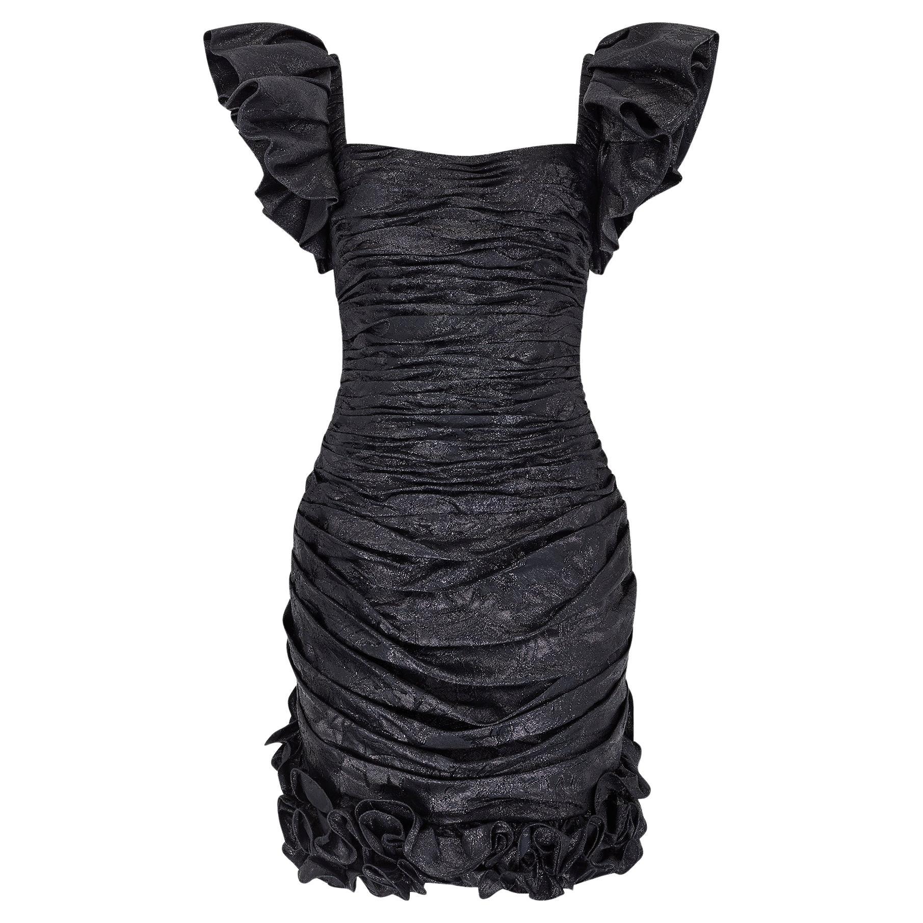 1988 Ungaro Runway Documented Metallic Black Bustle Dress For Sale