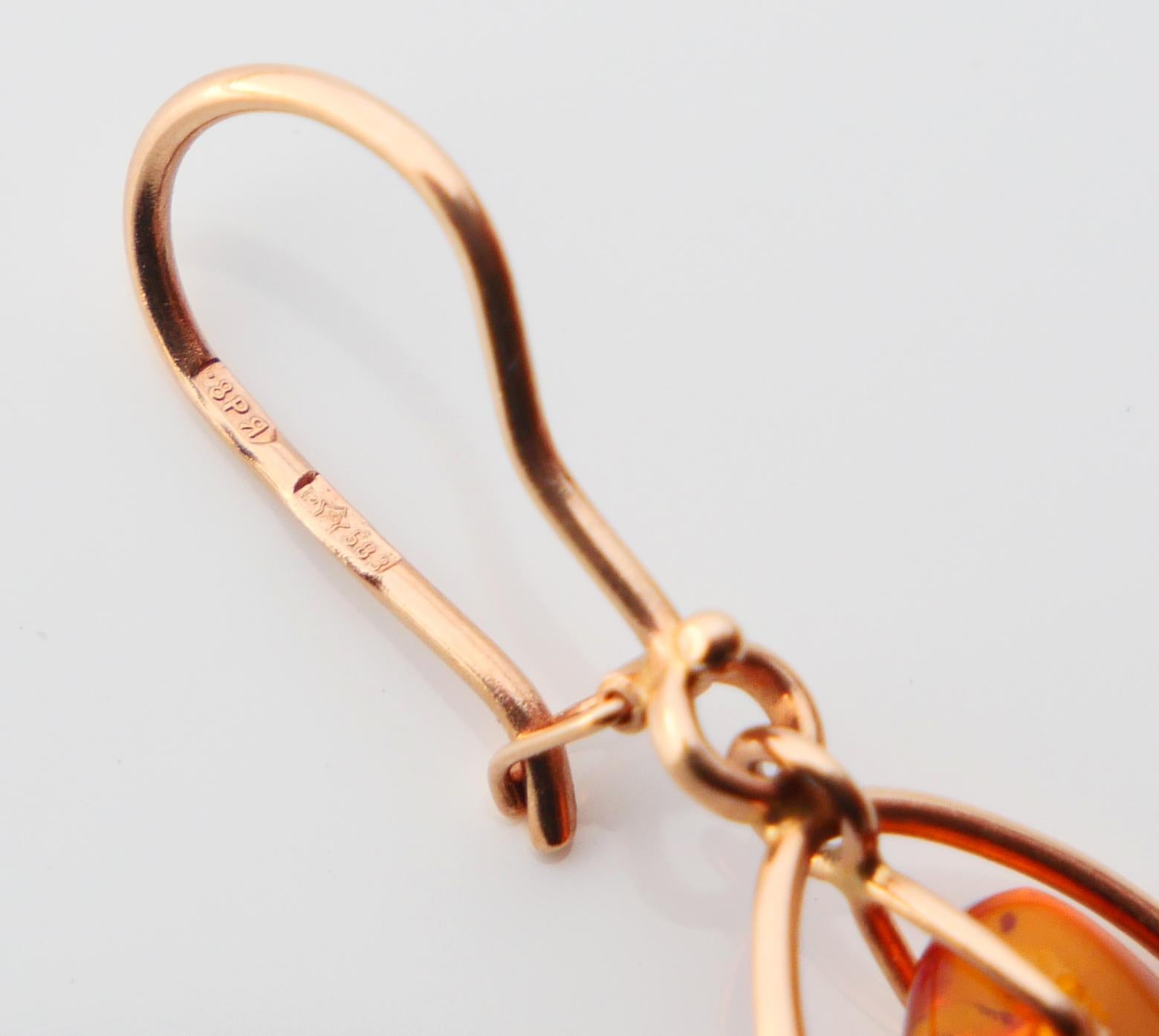 1988 USSR Russian Earrings Amber solid 14K Rose Gold / 2.7 gr For Sale 6