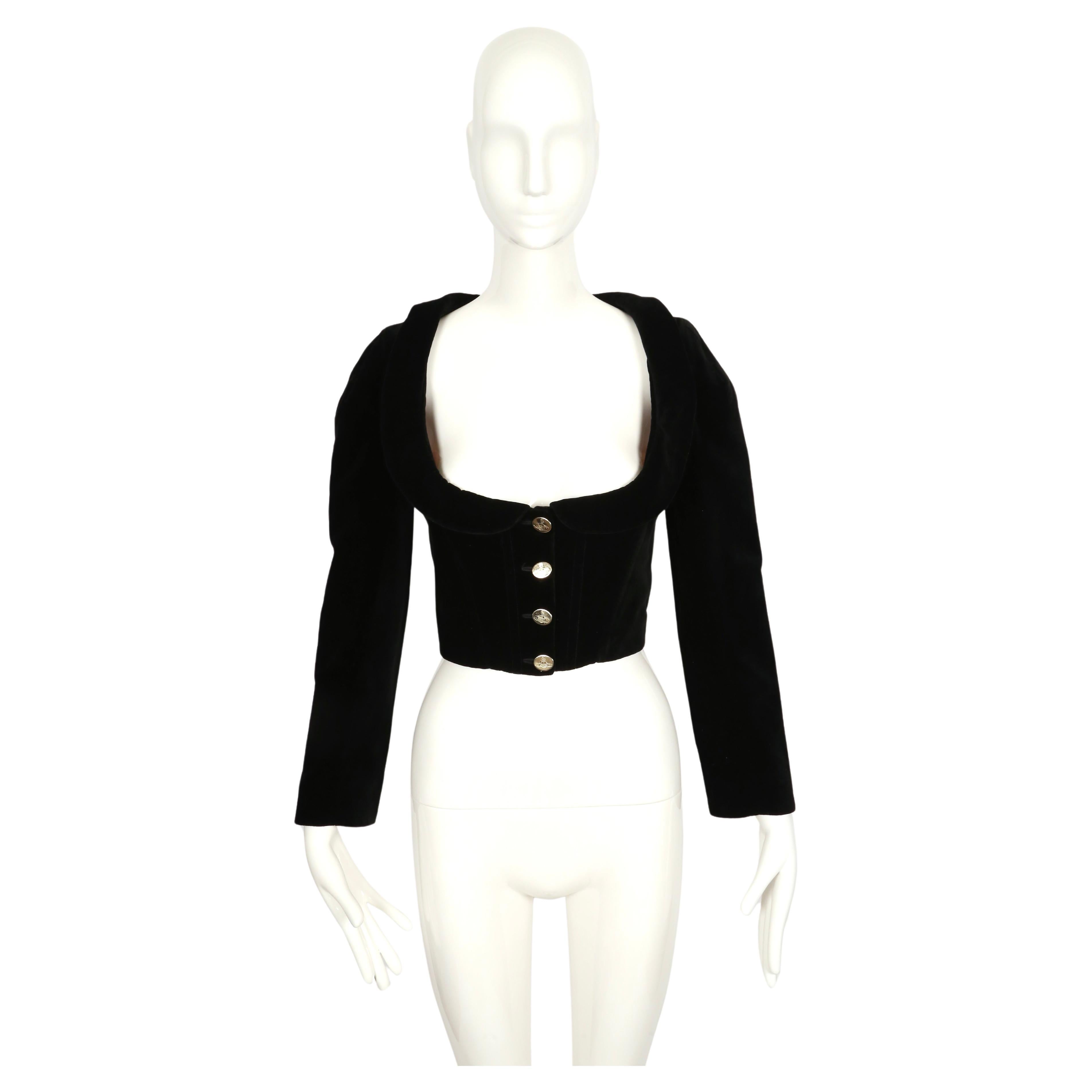 Très rare, veste en velours noir de jais avec corset et col portrait conçue par Vivienne Westwood et datant de sa collection 