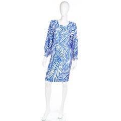 1988 Yves Saint Laurent Blue & White Abstract Stripe Silk Dress