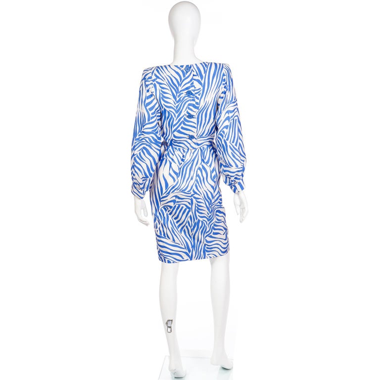 1980s Yves Saint Laurent Bright Floral Print Blue Silk Dress