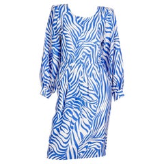 1988 Yves Saint Laurent Blue & White Abstract Stripe Silk Dress