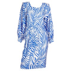 Retro 1988 Yves Saint Laurent Blue & White Abstract Stripe Silk Dress