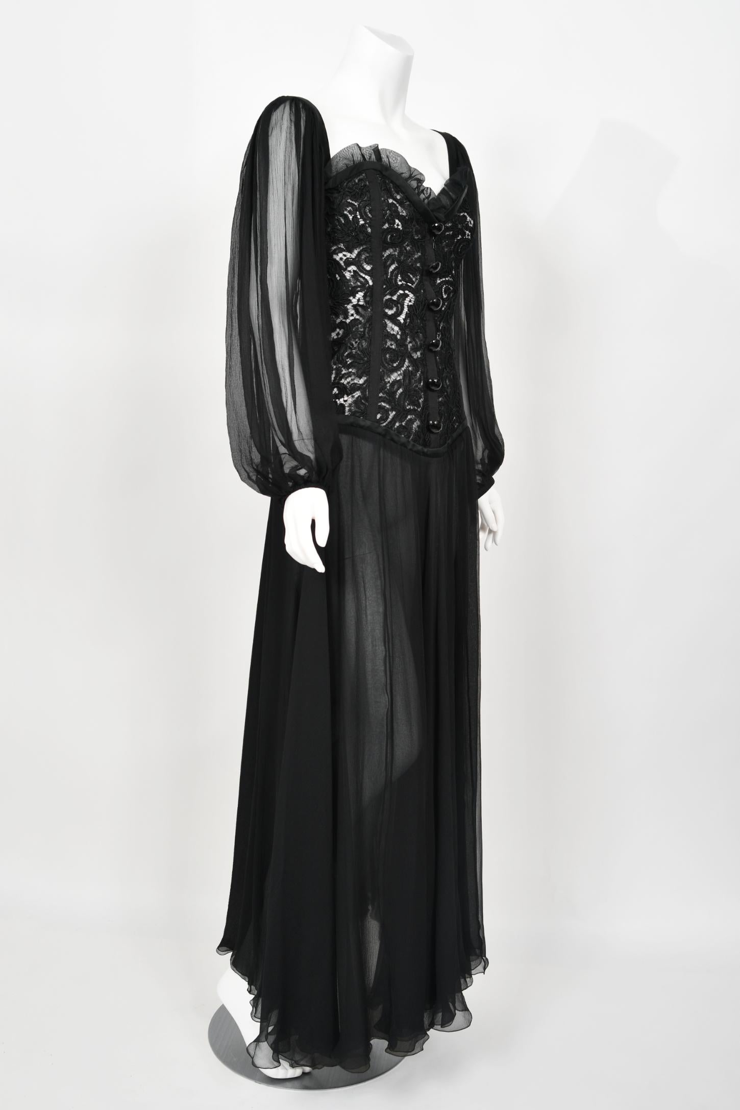 1988 Yves Saint Laurent Documented Black Sheer Silk & Boned Lace Bustier Dress 8