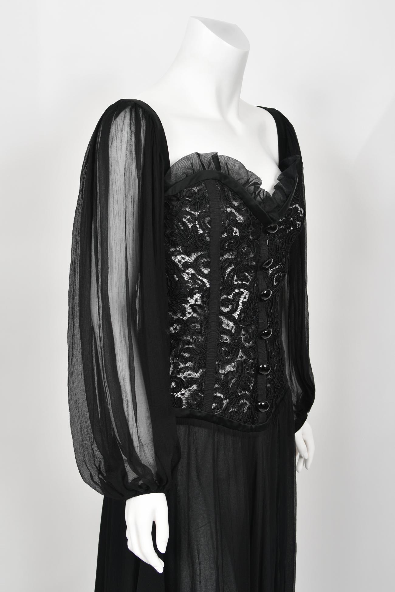 1988 Yves Saint Laurent Documented Black Sheer Silk & Boned Lace Bustier Dress 9