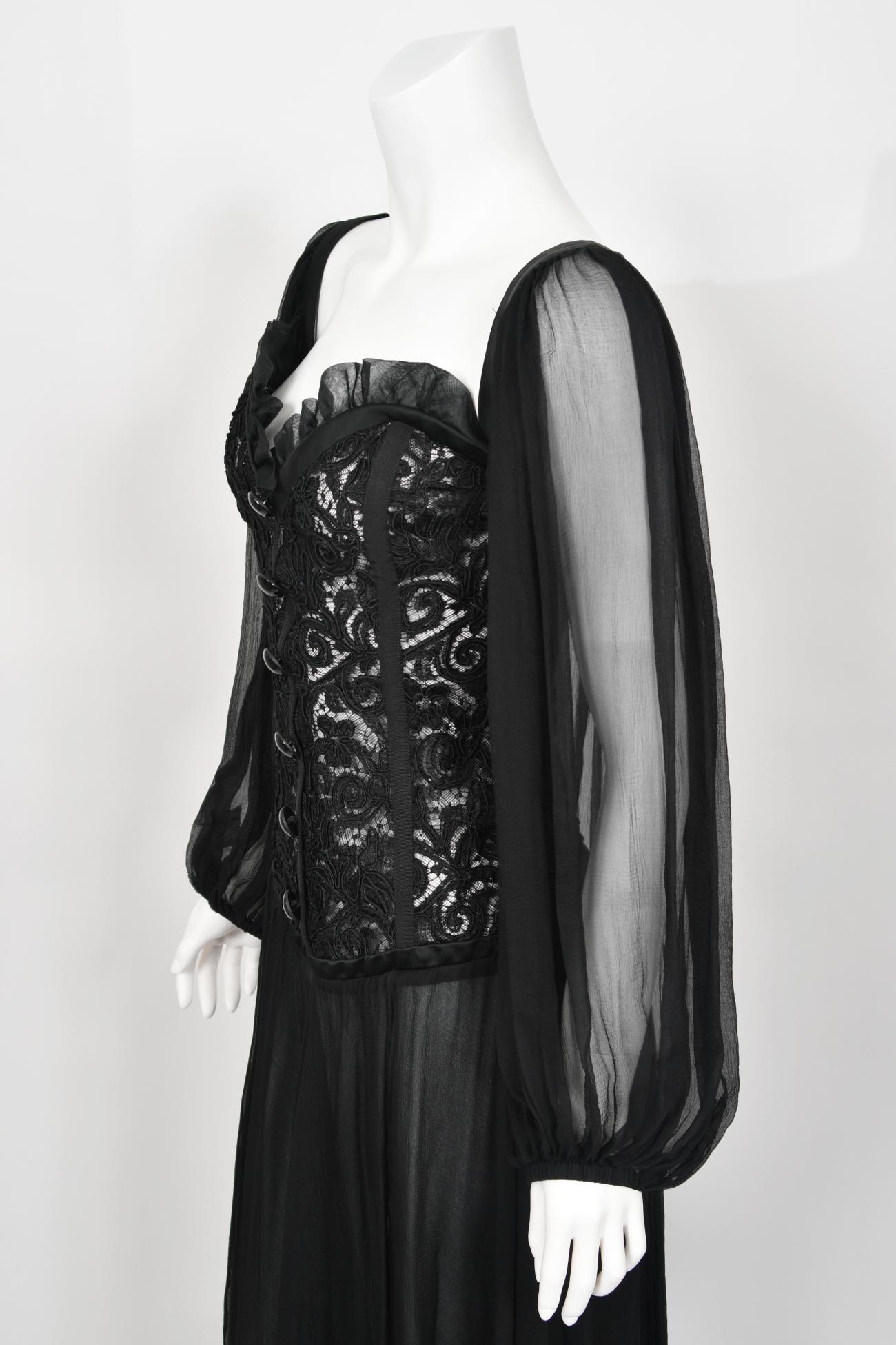 1988 Yves Saint Laurent Documented Black Sheer Silk & Boned Lace Bustier Dress 12