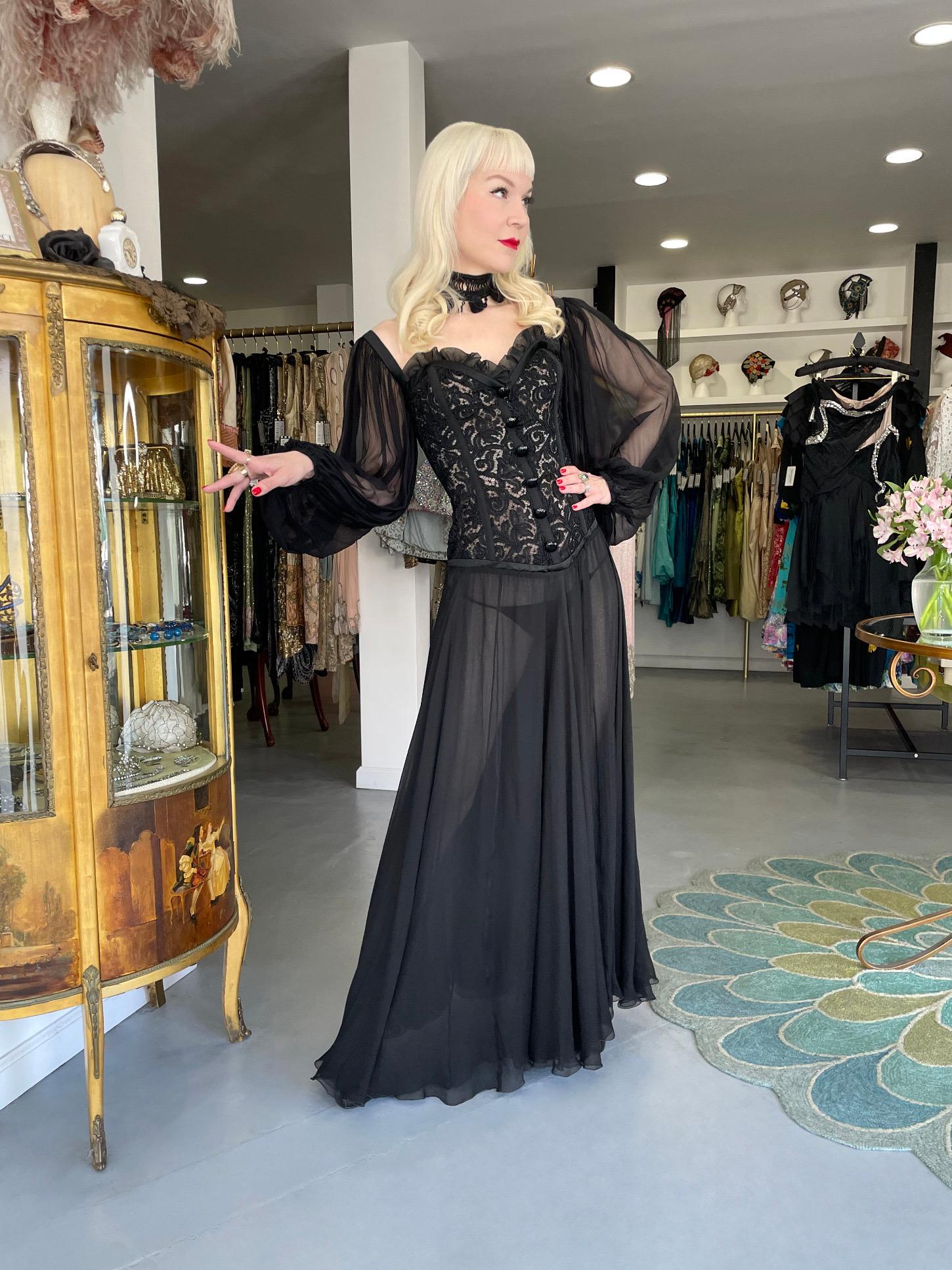 1988 Yves Saint Laurent Documented Black Sheer Silk & Boned Lace Bustier Dress In Good Condition In Beverly Hills, CA