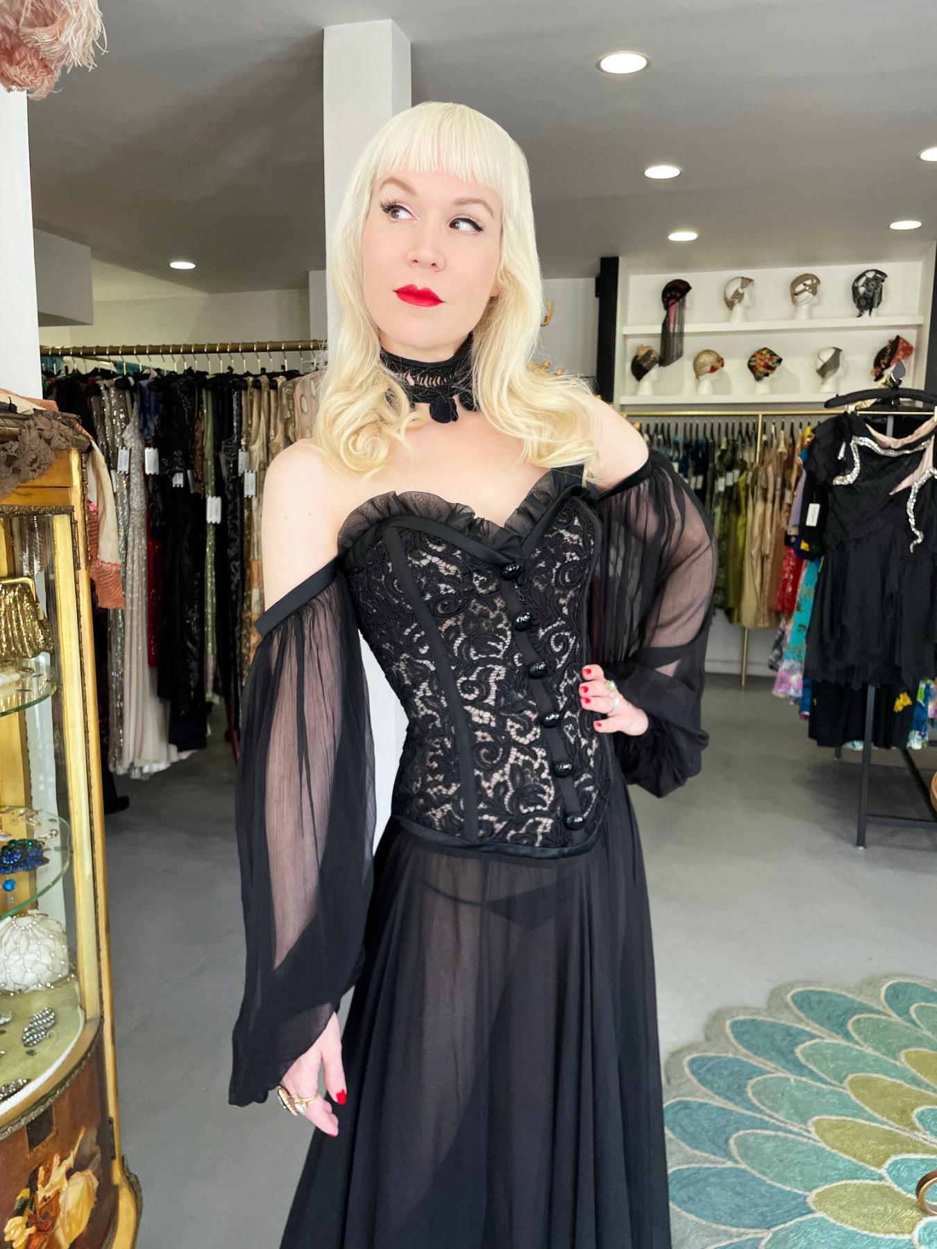 Women's 1988 Yves Saint Laurent Documented Black Sheer Silk & Boned Lace Bustier Dress