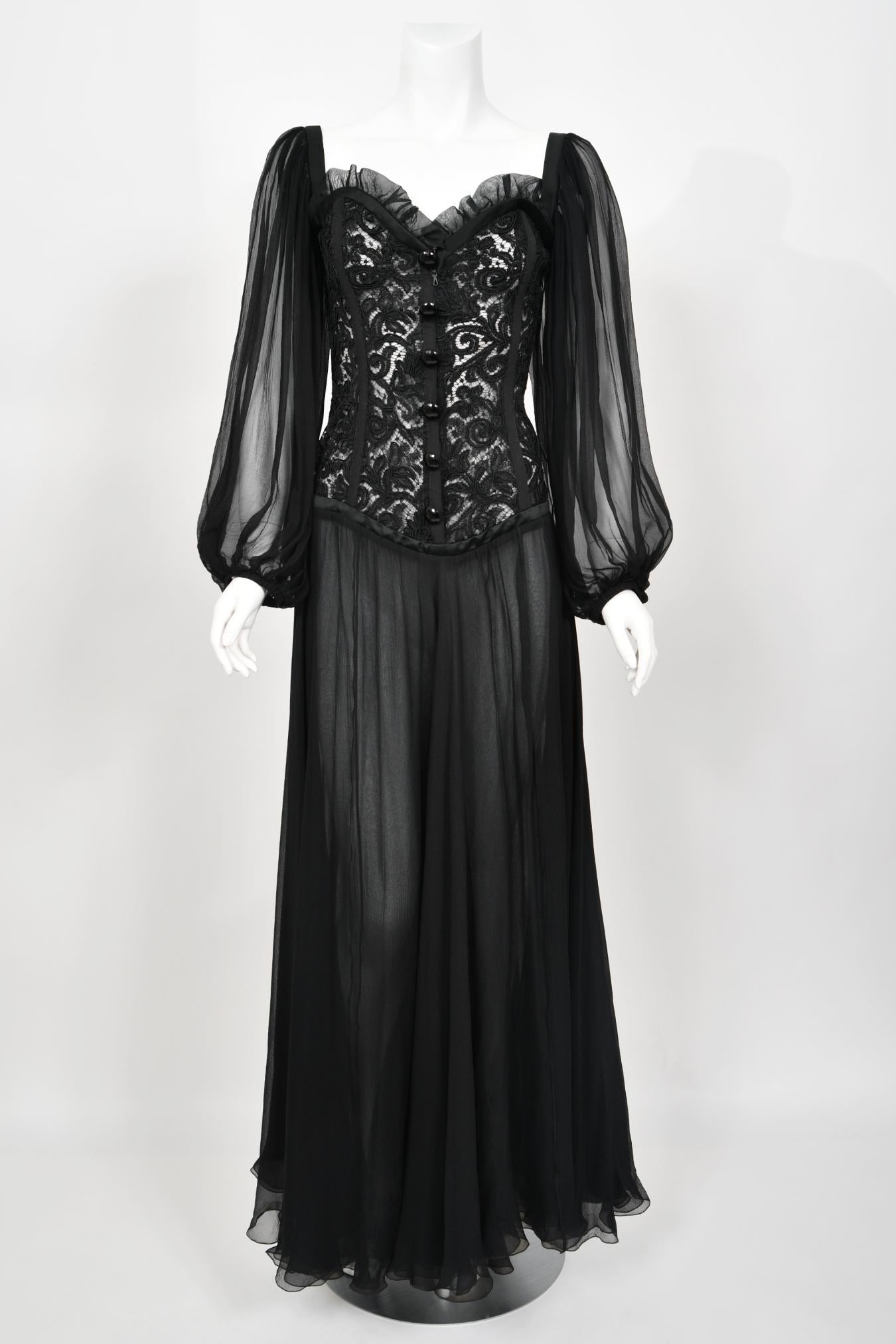 1988 Yves Saint Laurent Documented Black Sheer Silk & Boned Lace Bustier Dress 3