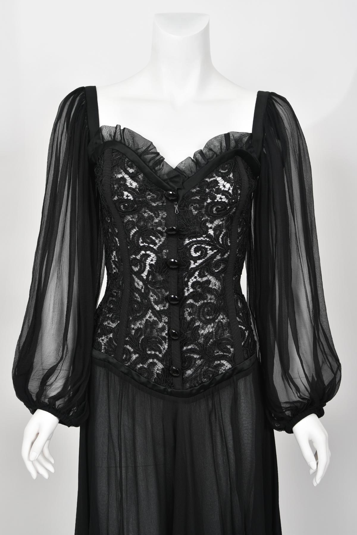 1988 Yves Saint Laurent Documented Black Sheer Silk & Boned Lace Bustier Dress 4