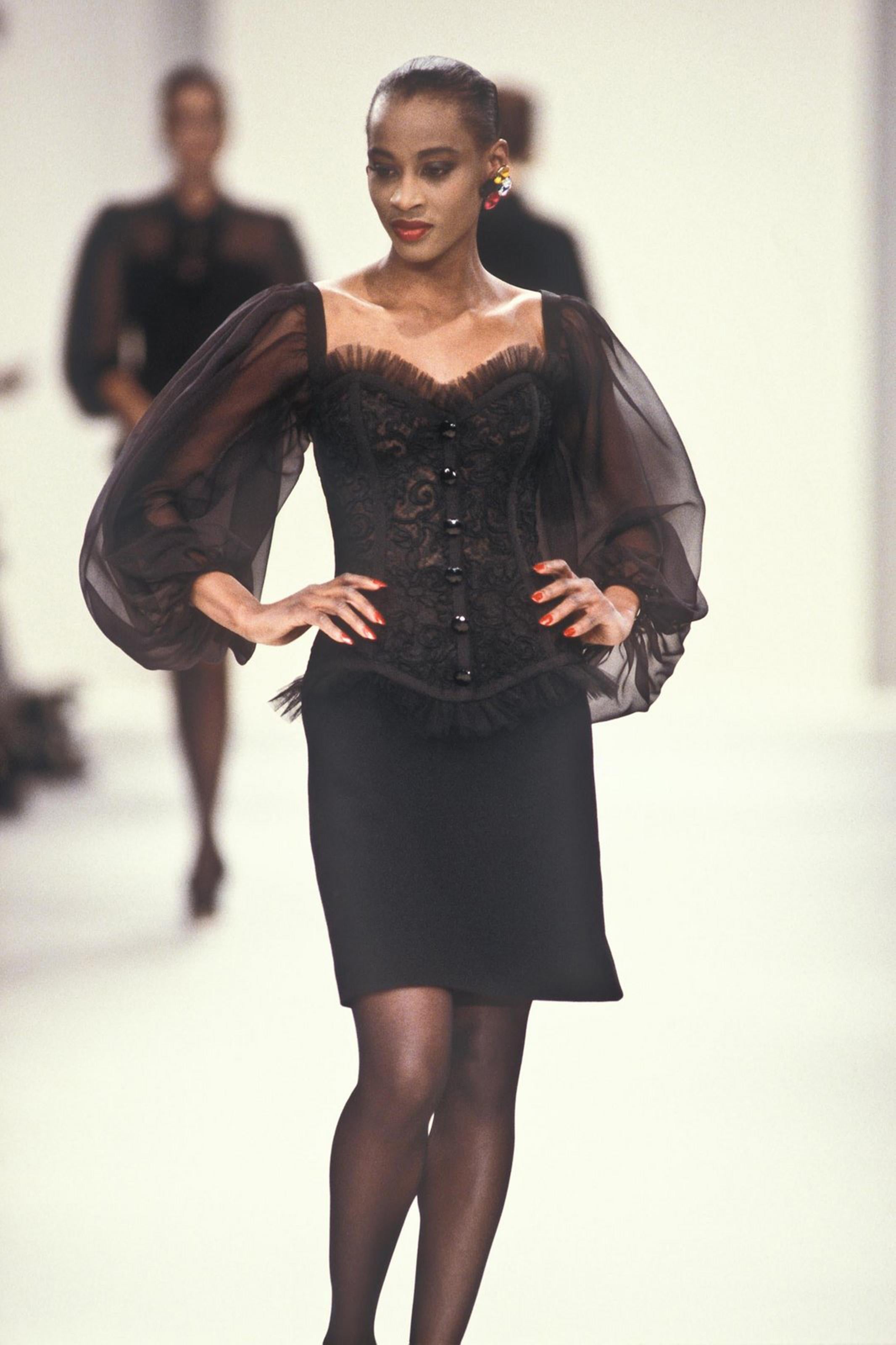 1988 Yves Saint Laurent Documented Black Sheer Silk & Boned Lace Bustier Dress 6