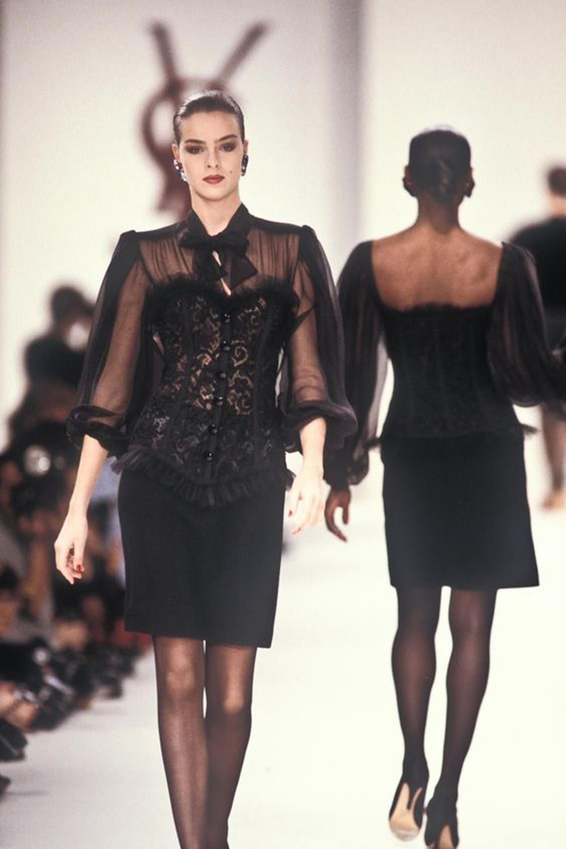 1988 Yves Saint Laurent Documented Black Sheer Silk & Boned Lace Bustier Dress 7