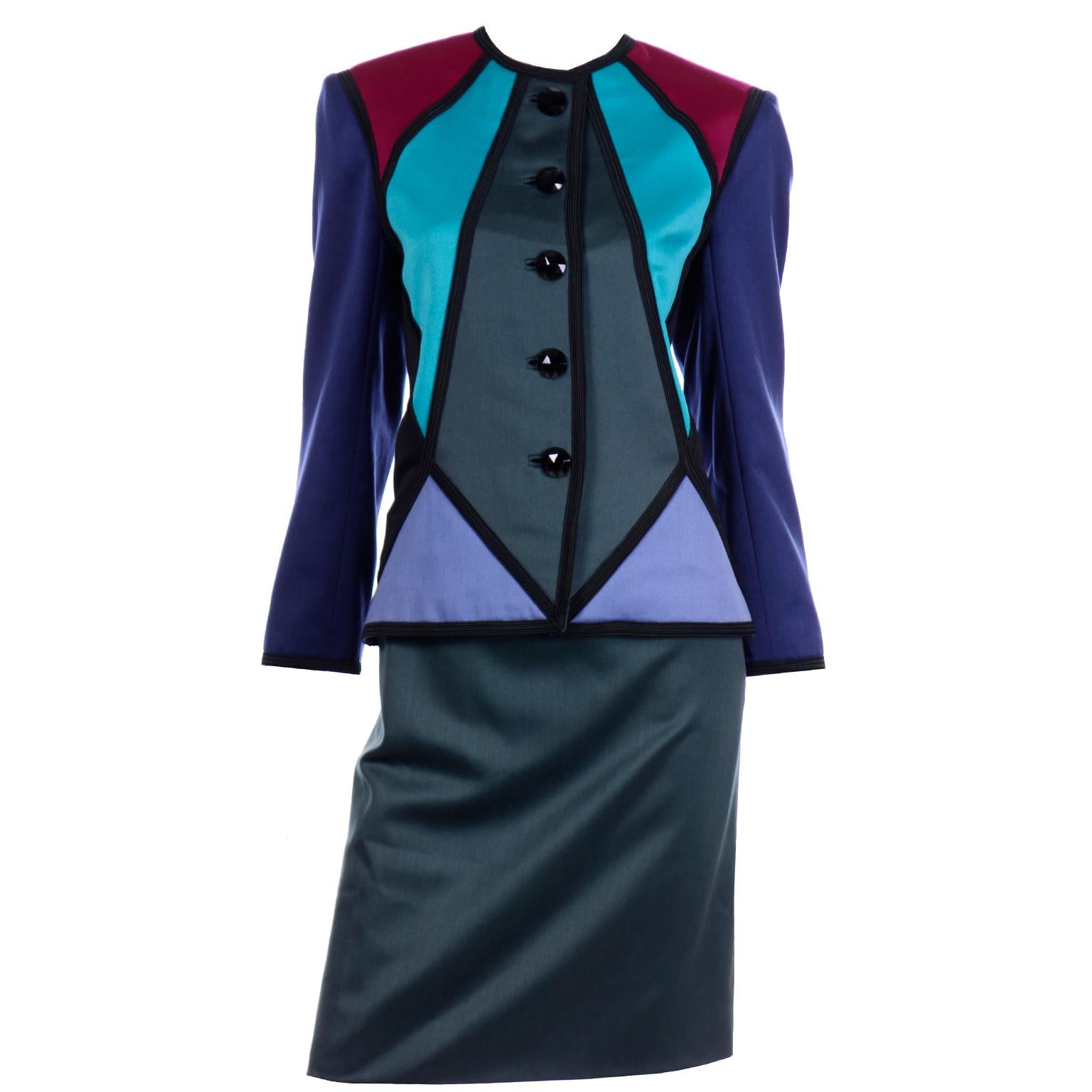 1988 Yves Saint Laurent Vintage Wool Color Block Runway Jacket W 2 Color Skirts 6