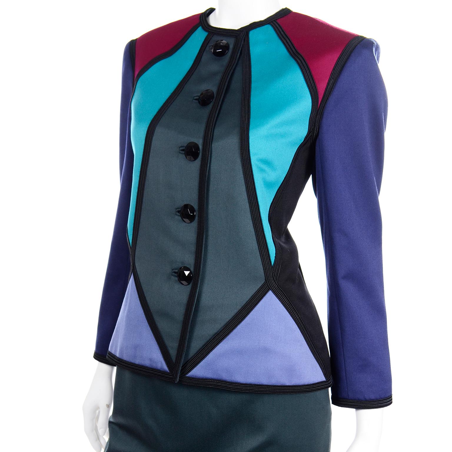1988 Yves Saint Laurent Vintage Wool Color Block Runway Jacket W 2 Color Skirts 7
