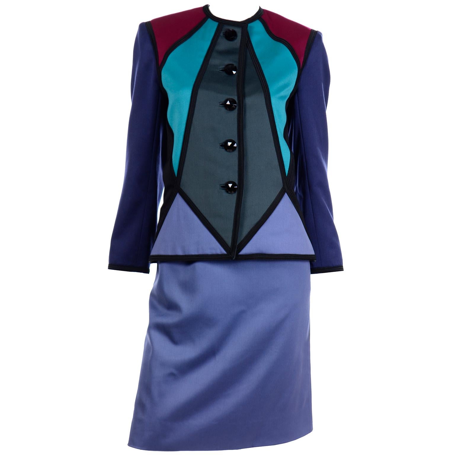 1988 Yves Saint Laurent Vintage Wool Color Block Runway Jacket W 2 Color Skirts
