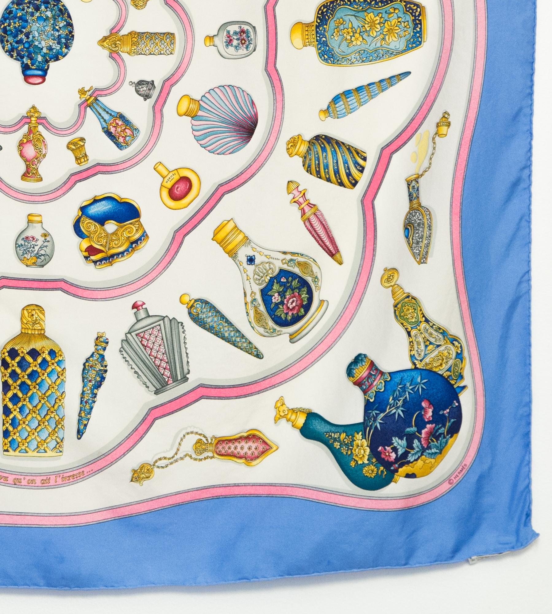 1988s Hermes Blue Qu importe le flacon by C Baschet Silk Scarf For Sale 1