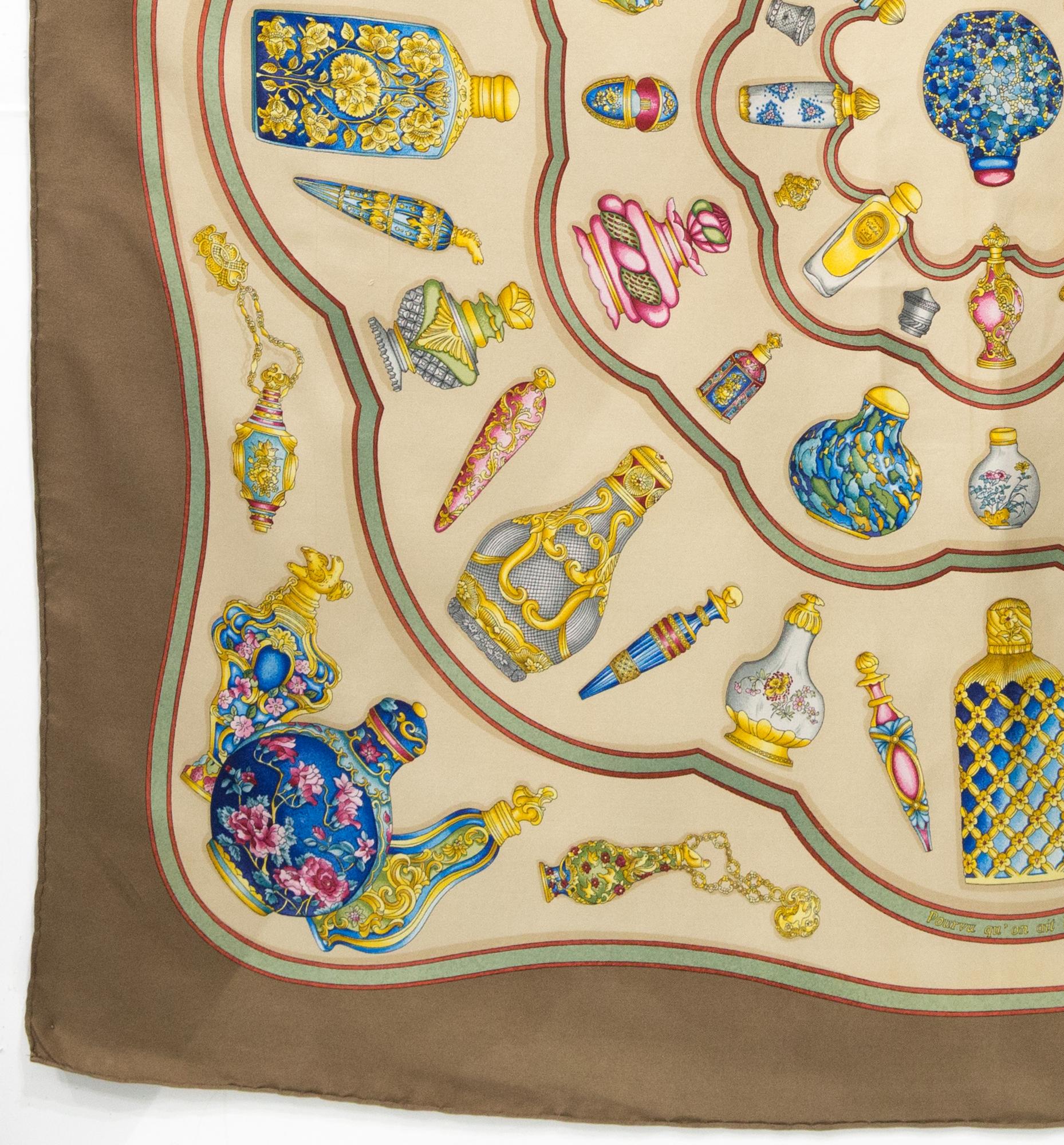 1988s Hermes Brown Qu importe le flacon by C Baschet Silk Scarf In Good Condition In Paris, FR