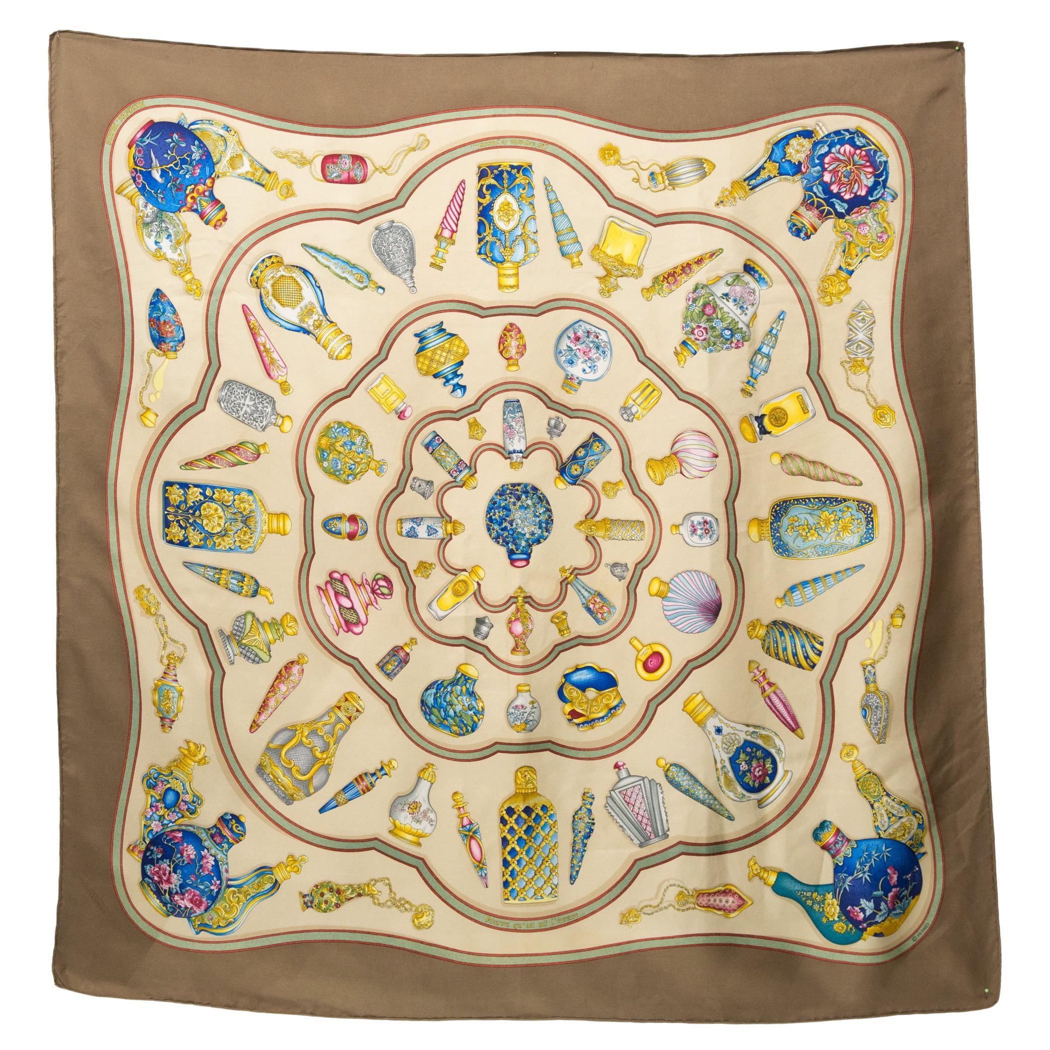 1988s Hermes Brown Qu importe le flacon by C Baschet Silk Scarf For Sale