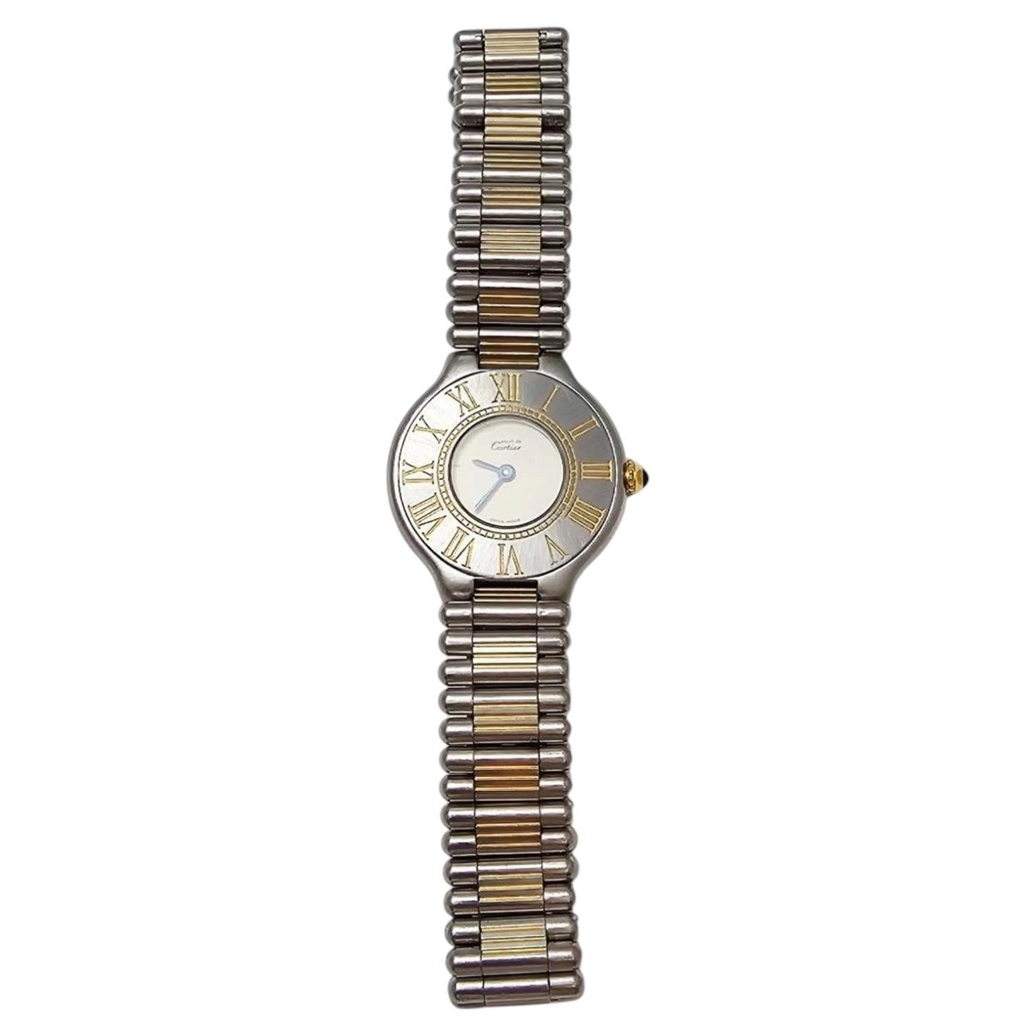 1989 21 Must de Cartier Two Tone Ladies Watch with Pouch/Cert #25592 For Sale