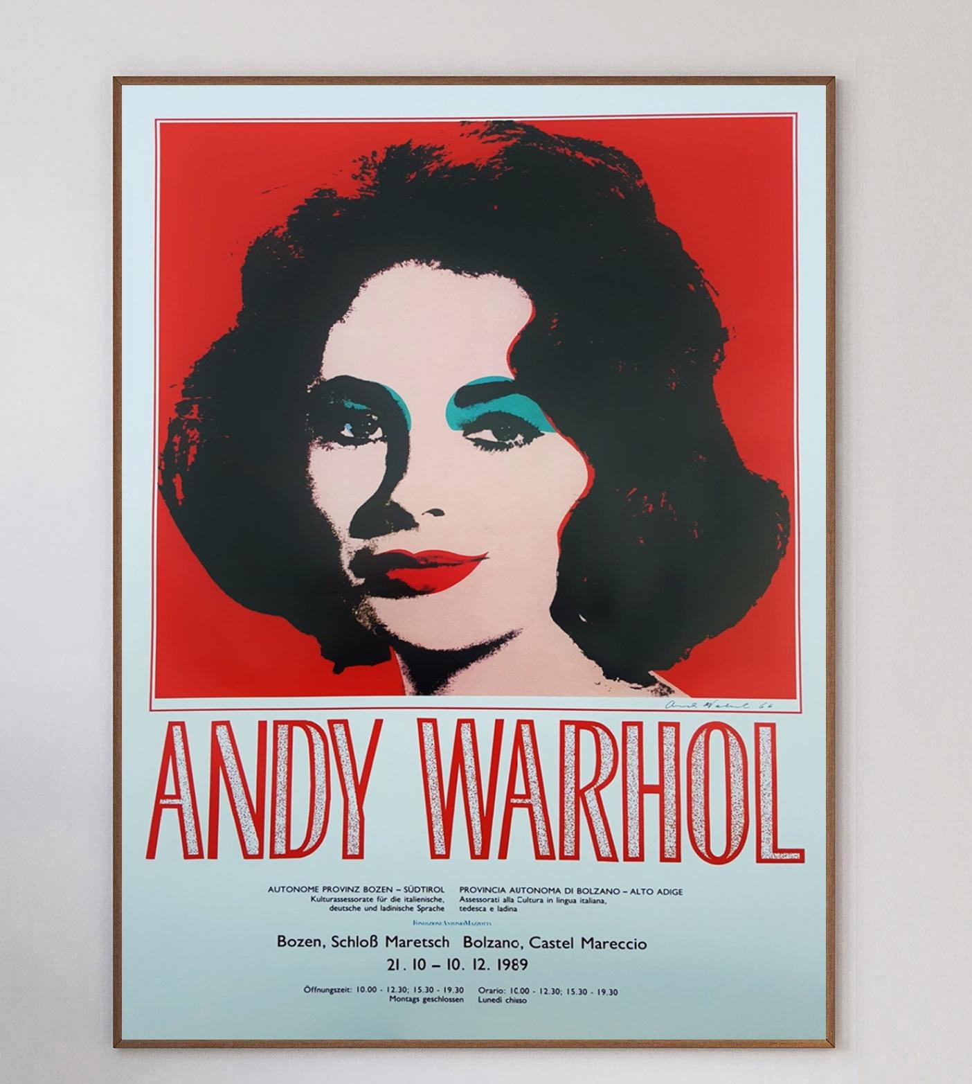 This wonderful poster was created for the Andy Warhol exhibition at the Castel Mereccio in Northern Italy in 1989. Featuring his iconic 1964 artwork of Liz Taylor, this stunning and extremely rare offset lithograph is on heavy art supply paper, with