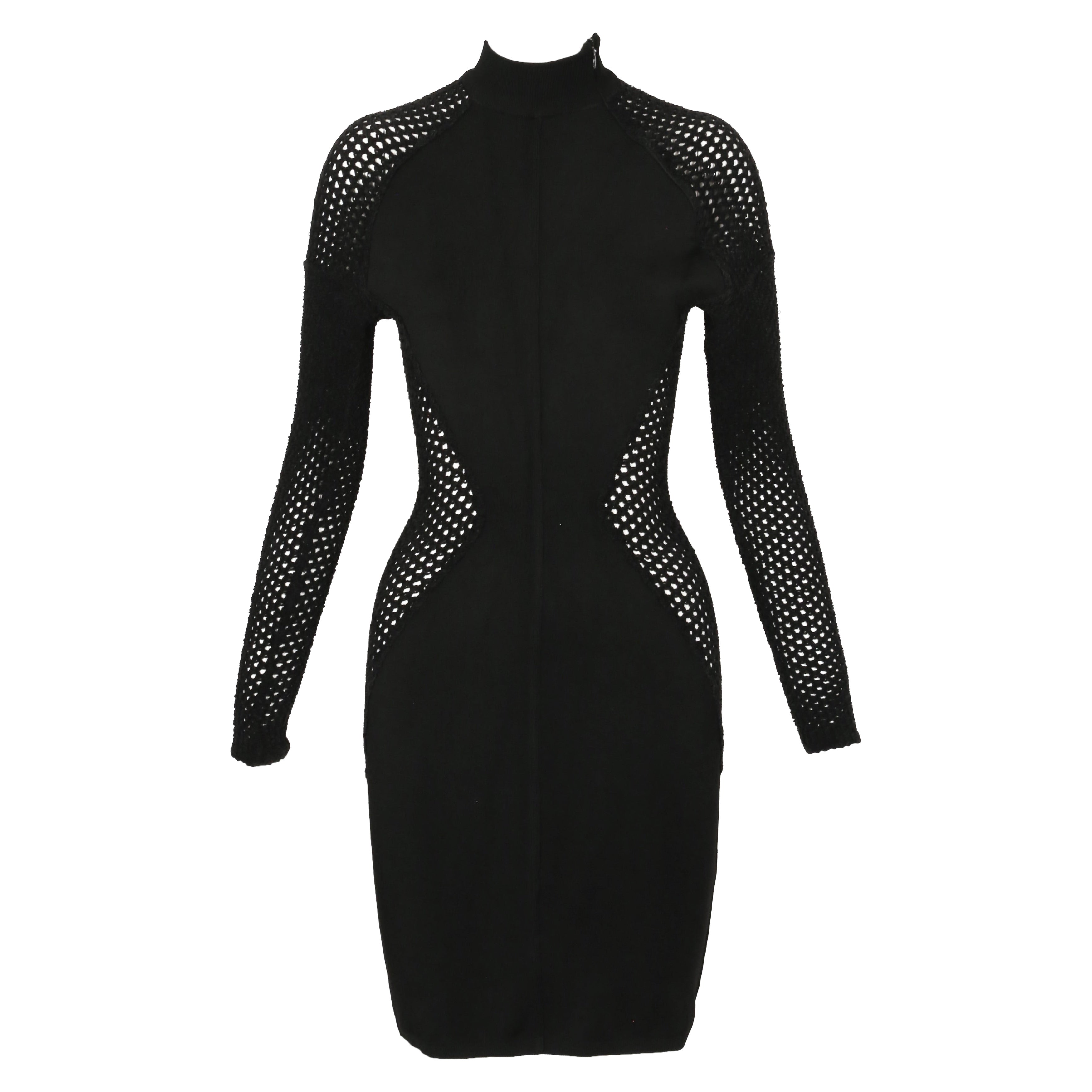 1989 AZZEDINE ALAIA black RUNWAY dress with sheer chenille panels