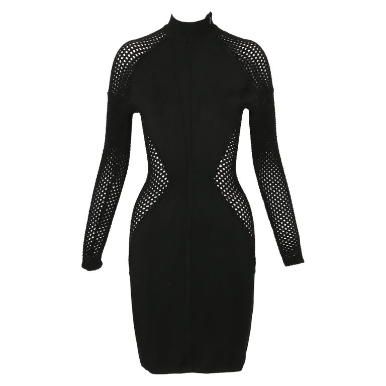 1989 AZZEDINE ALAIA black RUNWAY dress with sheer chenille panels For Sale at 1stDibs
