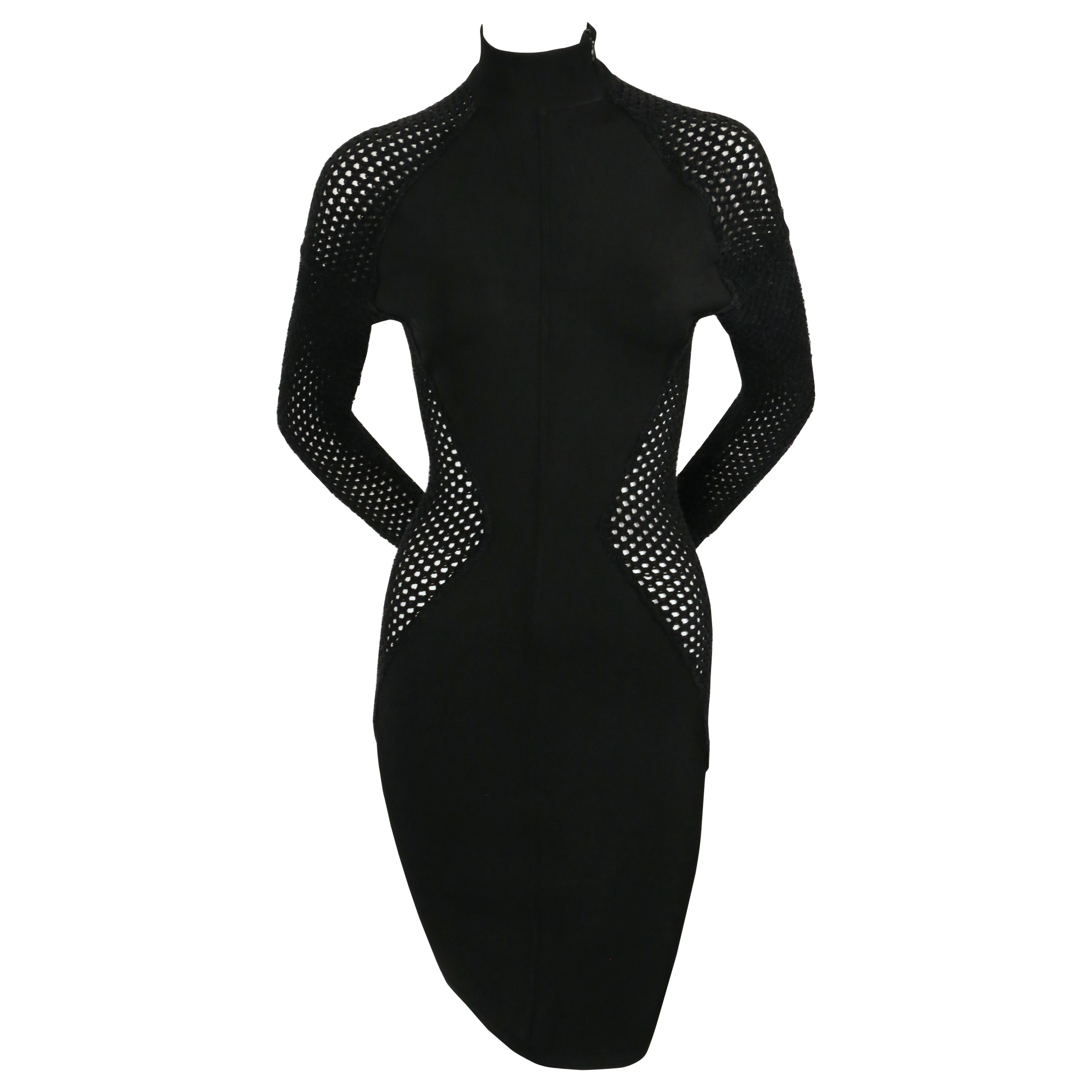 1989 AZZEDINE ALAIA black RUNWAY dress with sheer chenille panels For Sale