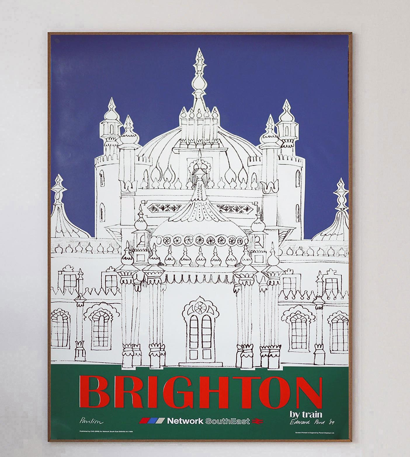 This beautiful poster was created in 1989 to promote British Railways new Network SouthEast region, and routes to the seaside city of Brighton. The vibrant design depicts the famous Royal Pavilion and was designed by Edward Pond who was commissioned