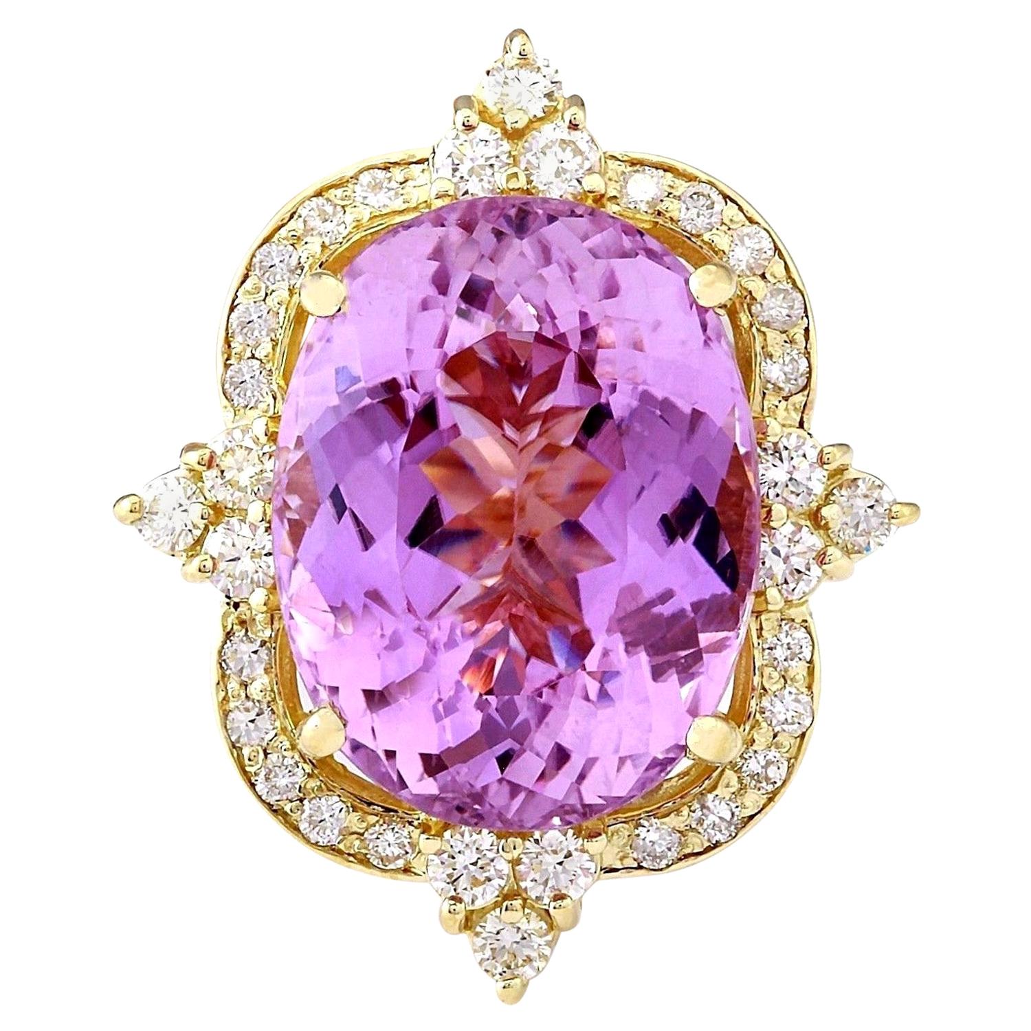 Natural Kunzite Diamond Ring In 14 Karat Solid Yellow Gold  For Sale