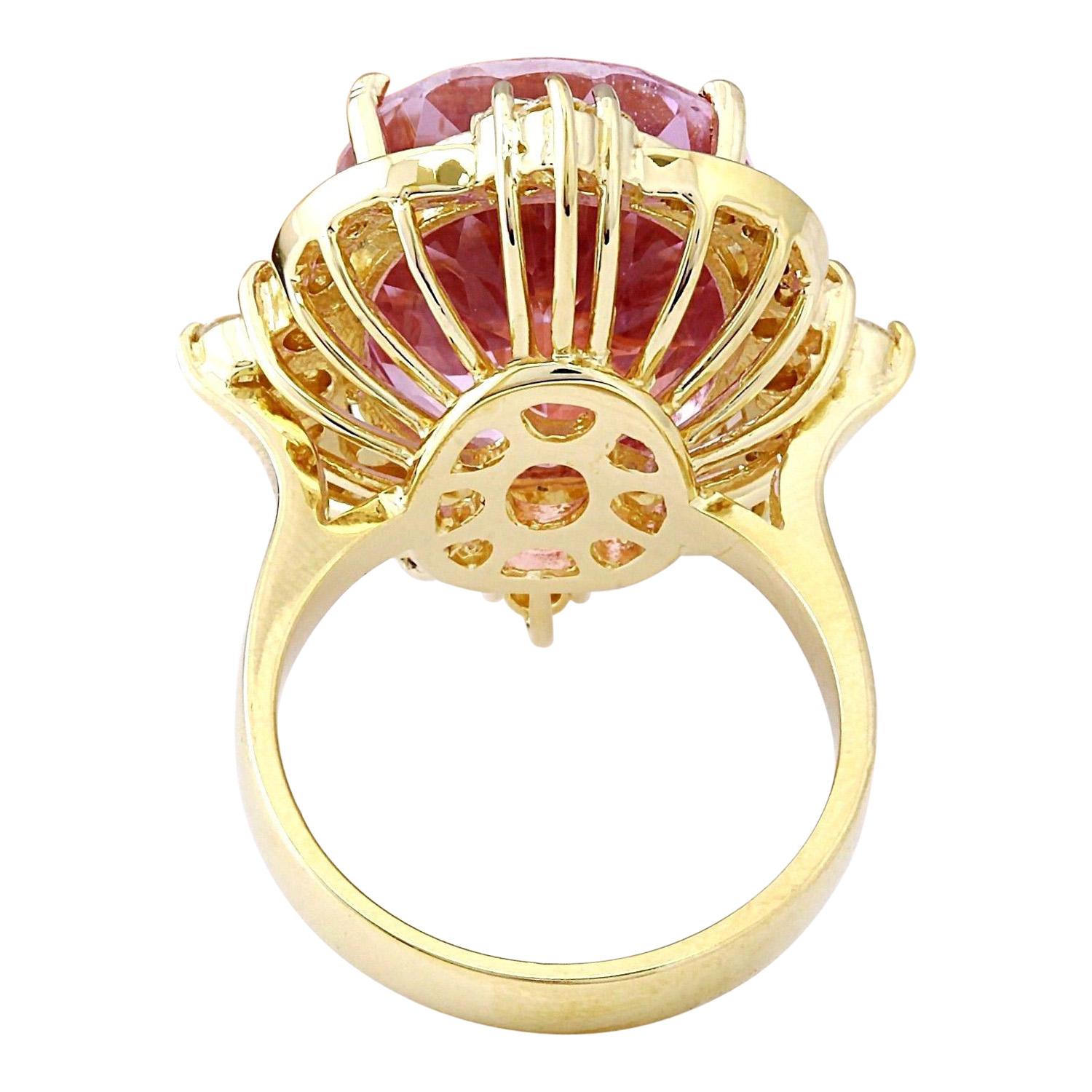 Oval Cut Natural Kunzite Diamond Ring In 14 Karat Solid Yellow Gold  For Sale