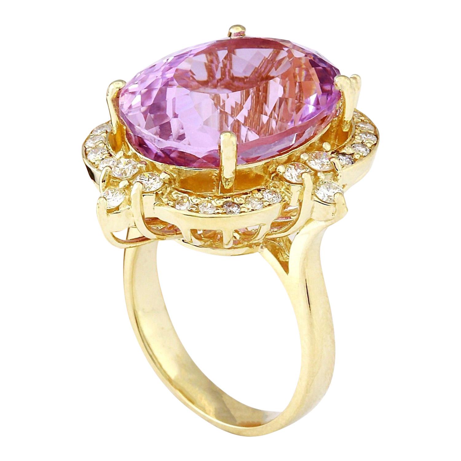 Natural Kunzite Diamond Ring In 14 Karat Solid Yellow Gold  In New Condition For Sale In Los Angeles, CA